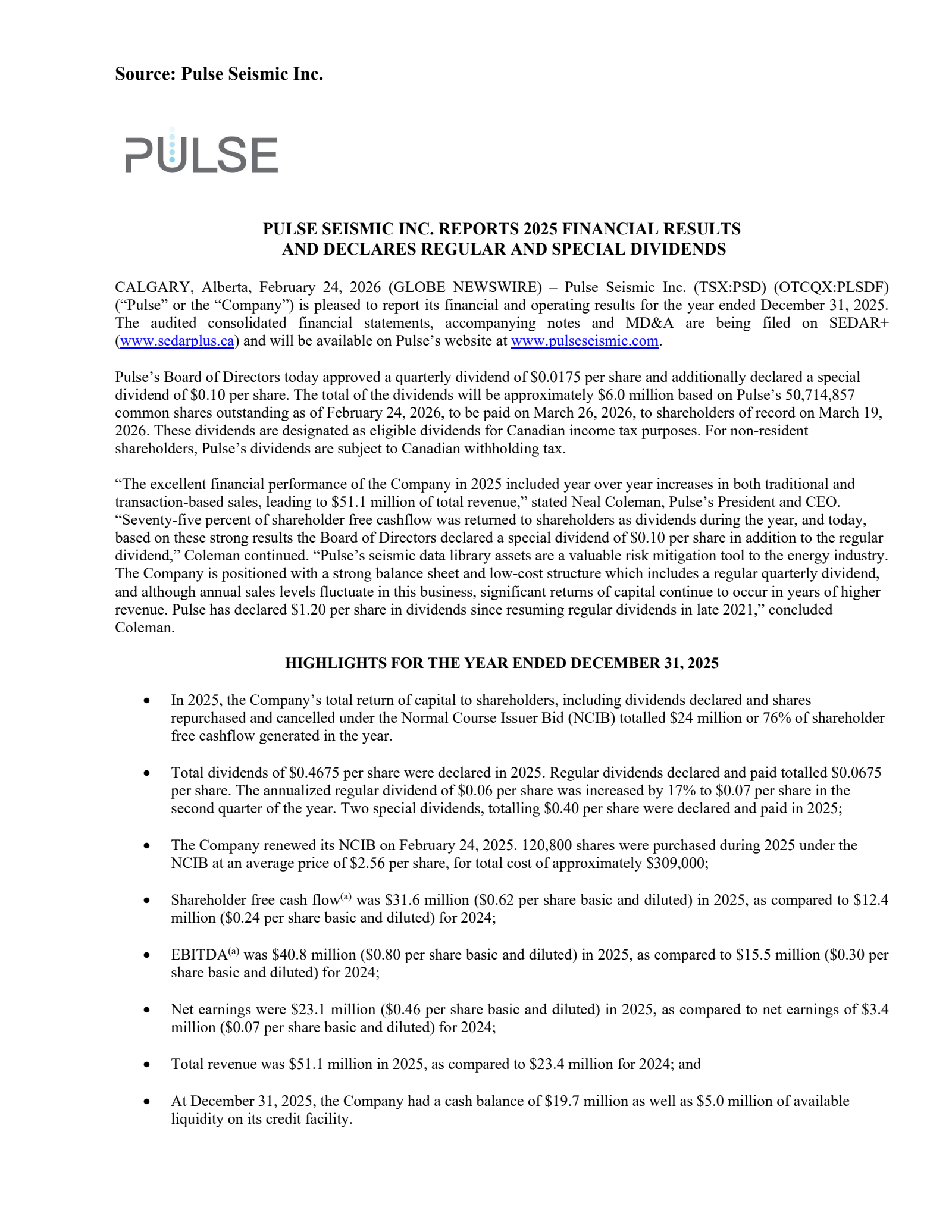 Pulse Seismic's Q4 2025 Press Release
