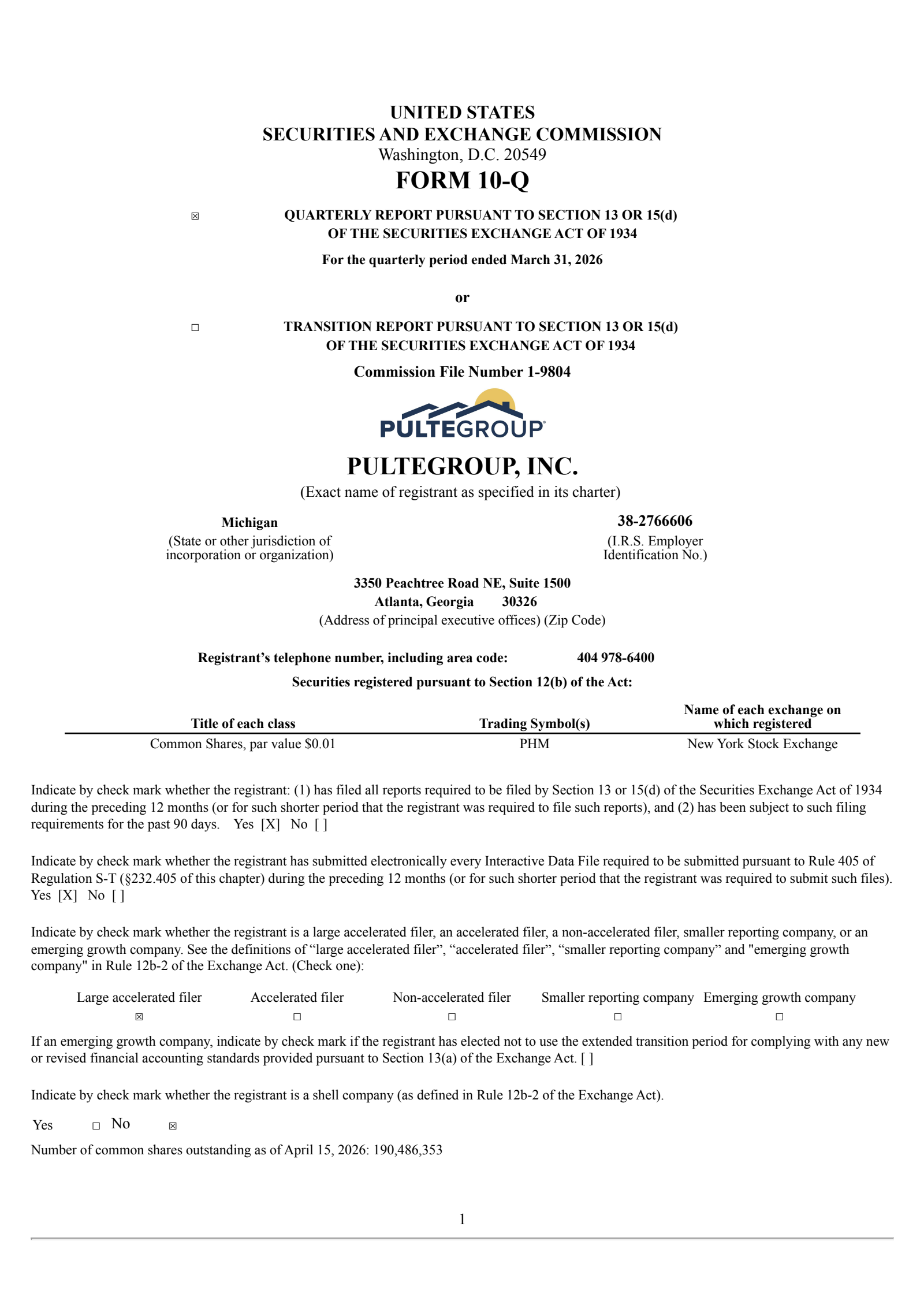 PulteGroup's Q1 2026 Quarterly report