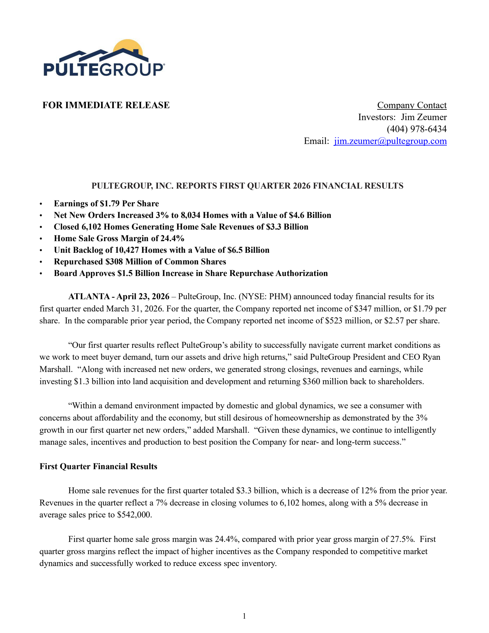 PulteGroup's Q1 2026 Press Release