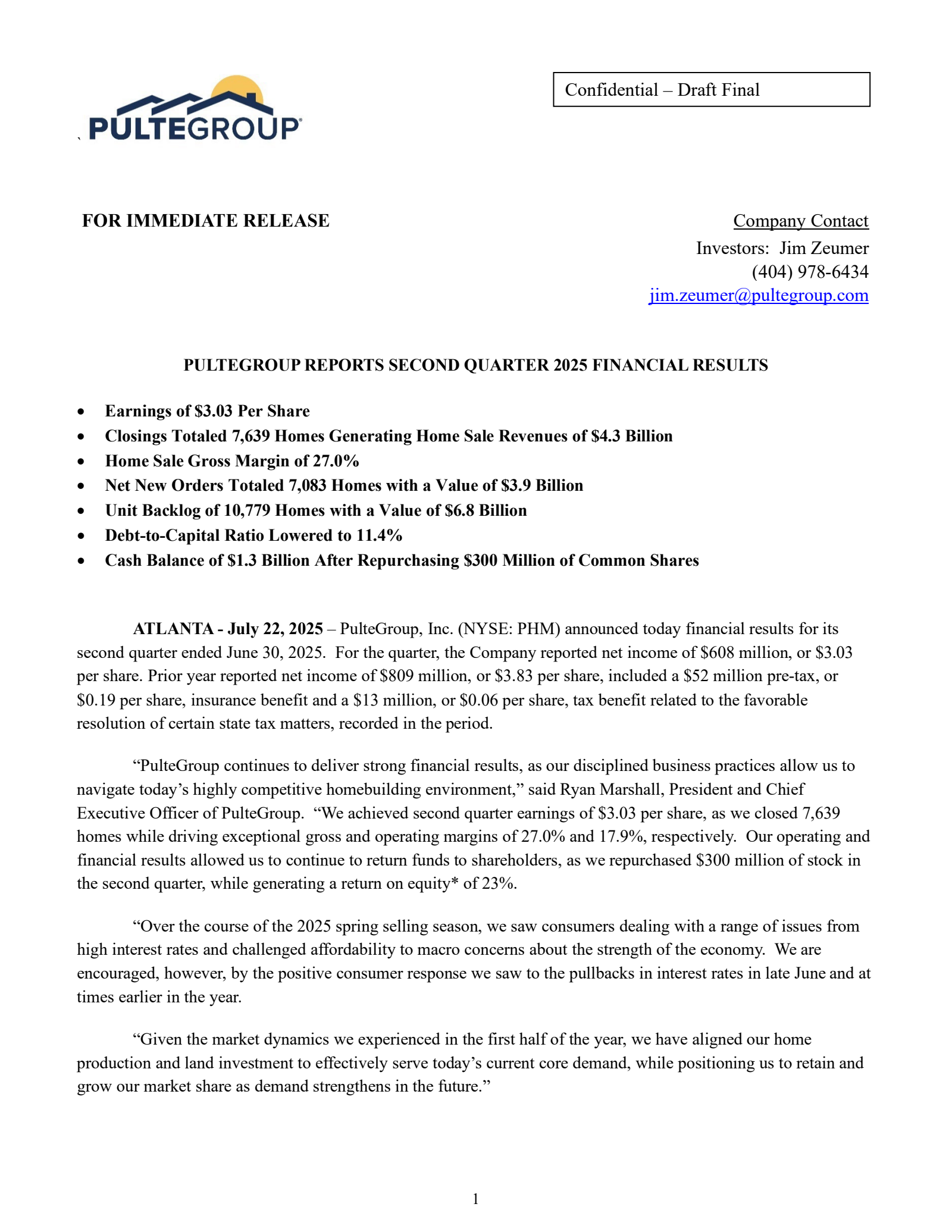 PulteGroup's Q2 2025 Press Release