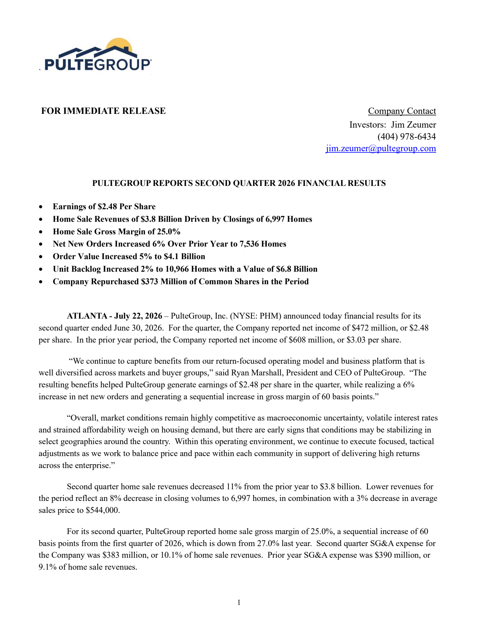 PulteGroup's Q2 2026 Press Release
