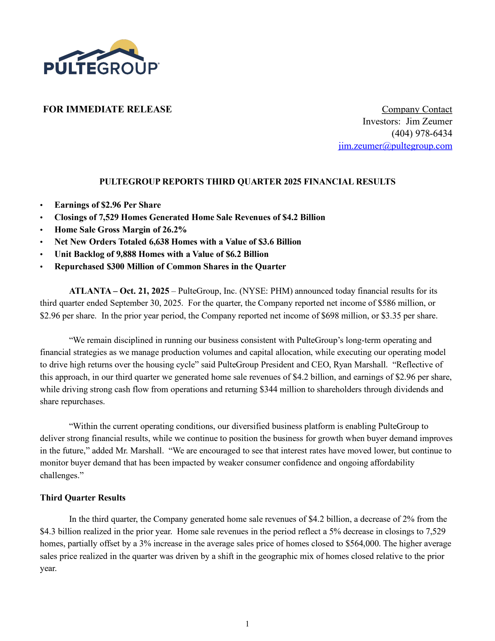PulteGroup's Q3 2025 Earnings Release