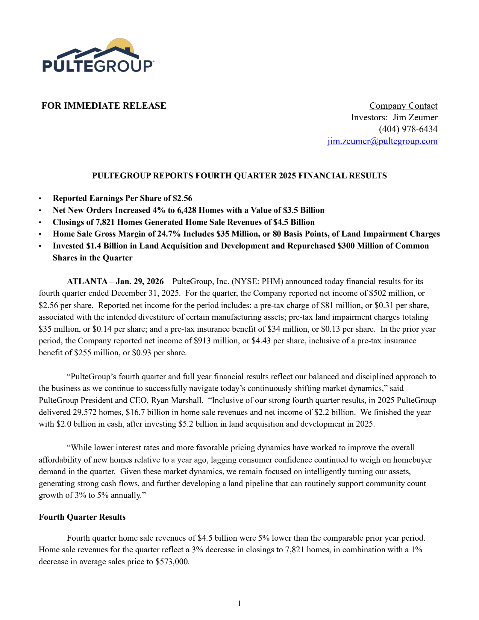 PulteGroup's Q4 2025 Press Release