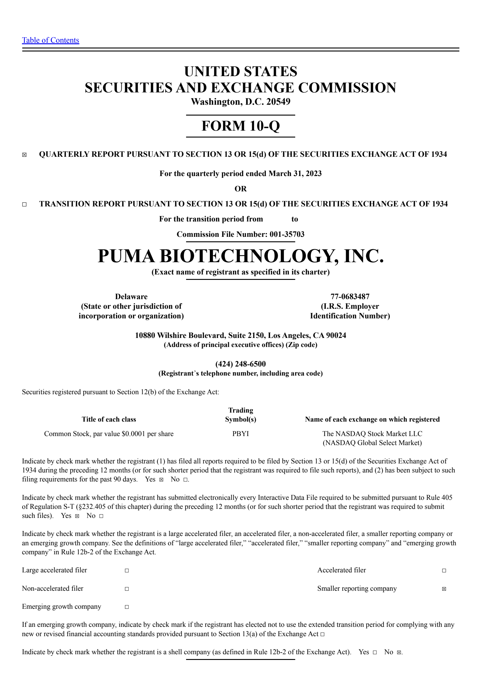 Puma Biotechnology's Q1 2023 Quarterly report