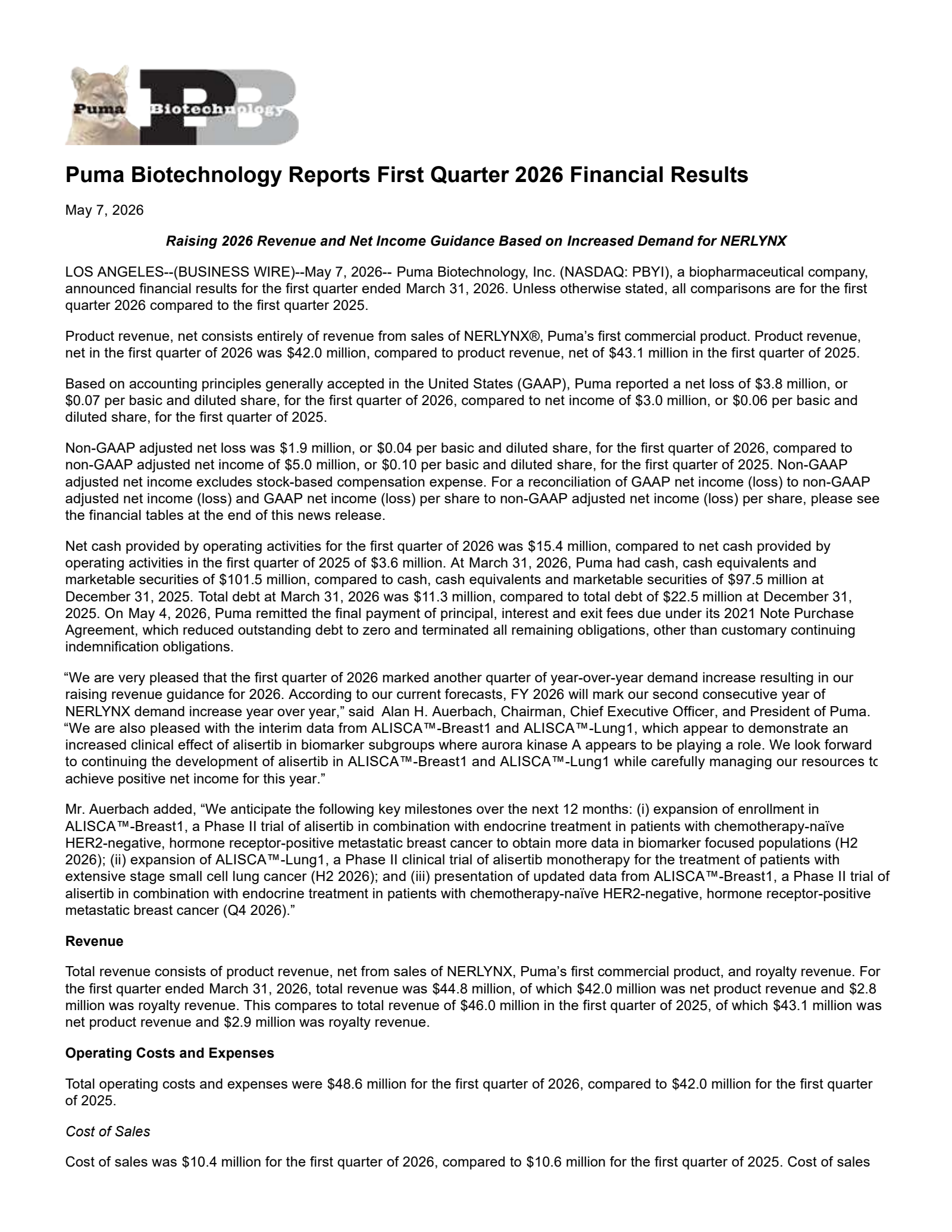 Puma Biotechnology's Q1 2026 Press Release