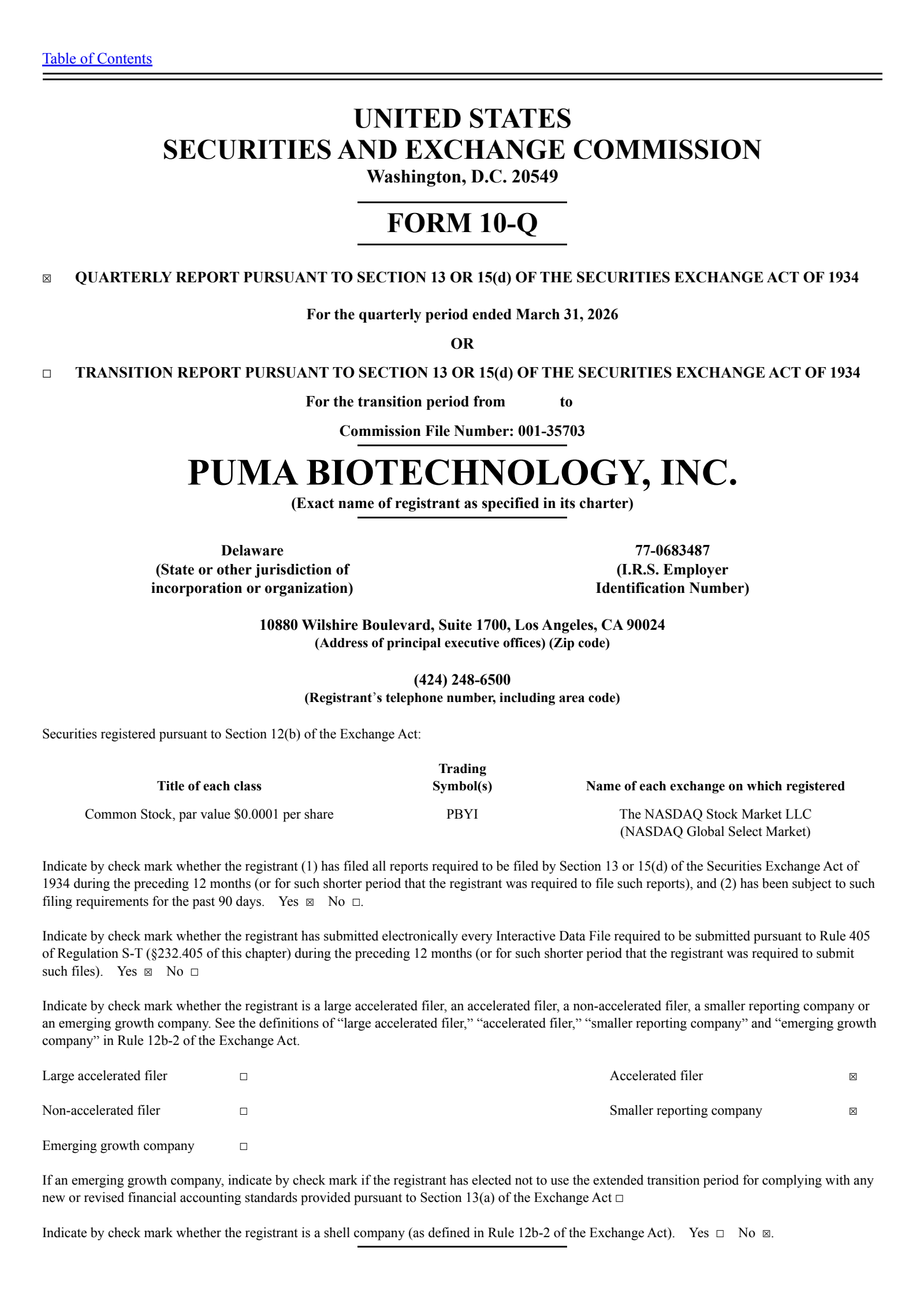 Puma Biotechnology's Q1 2026 Quarterly report
