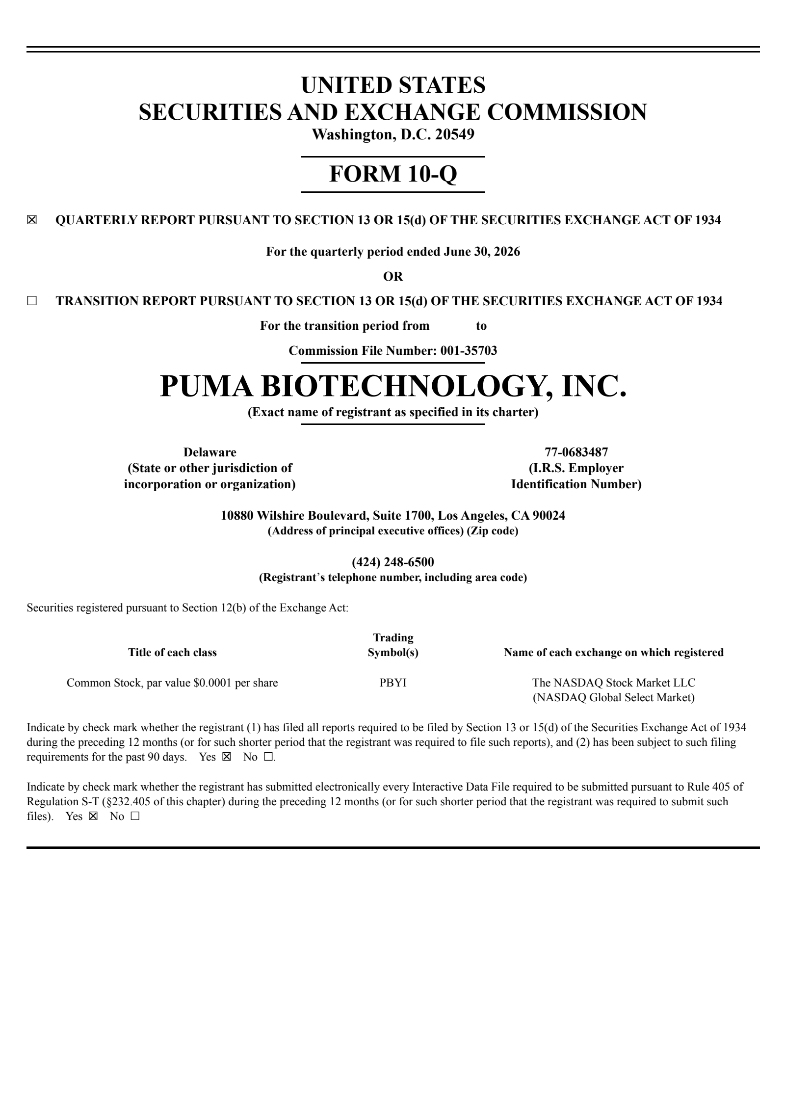 Puma Biotechnology's Q2 2026 Quarterly report