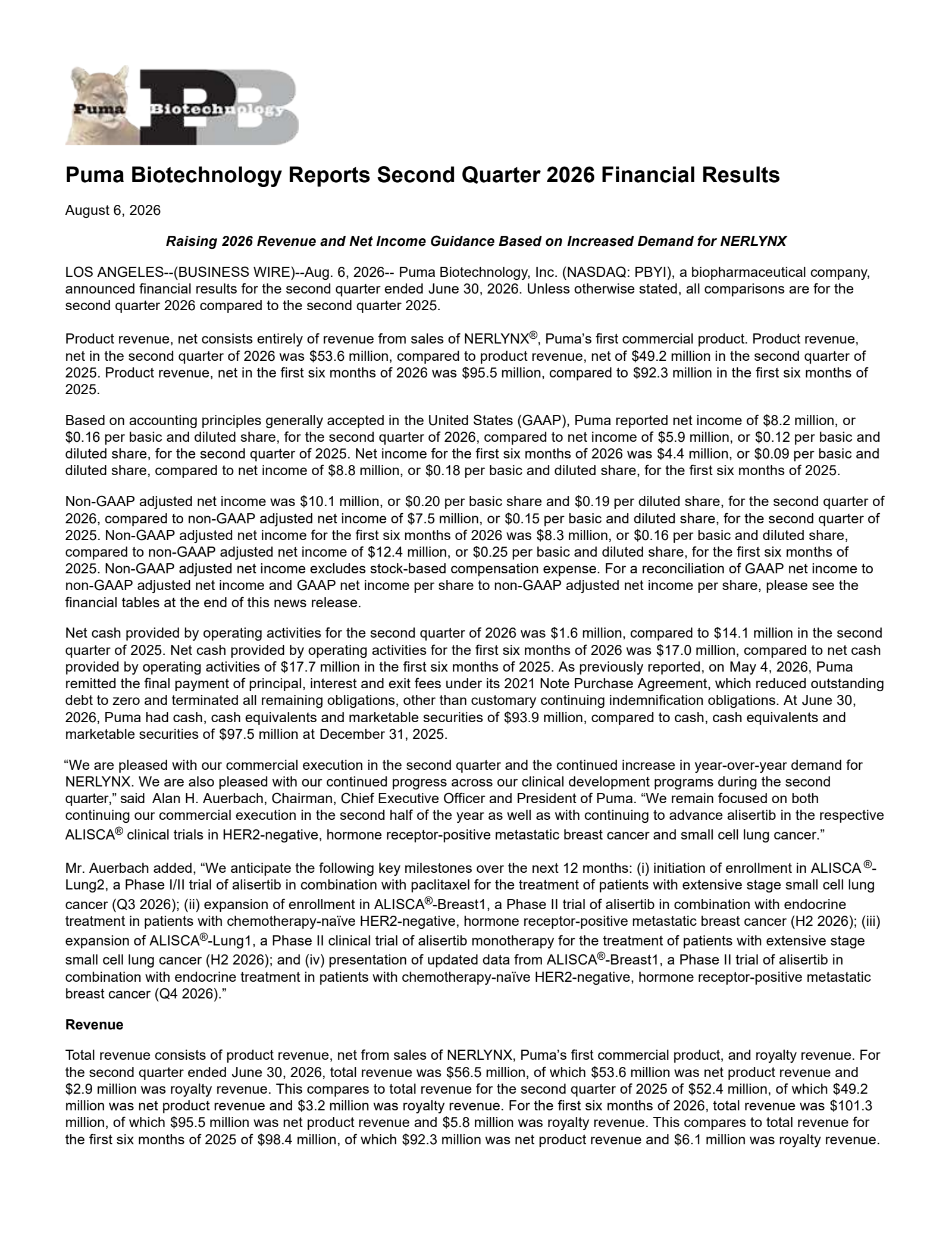 Puma Biotechnology's Q2 2026 Press Release