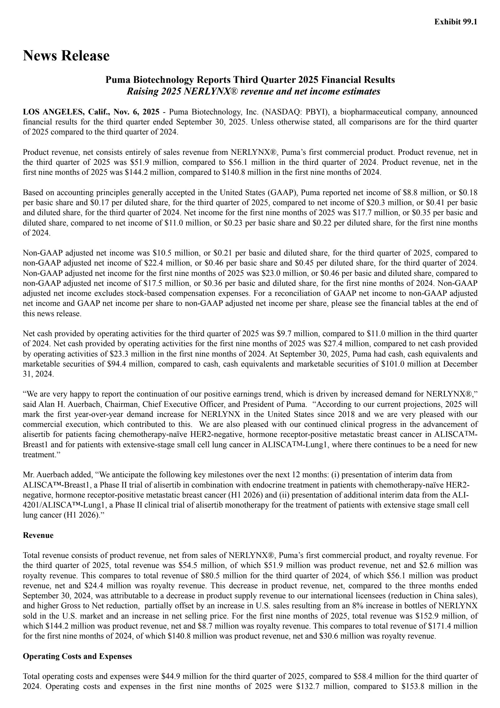 Puma Biotechnology's Q3 2025 Earnings Release