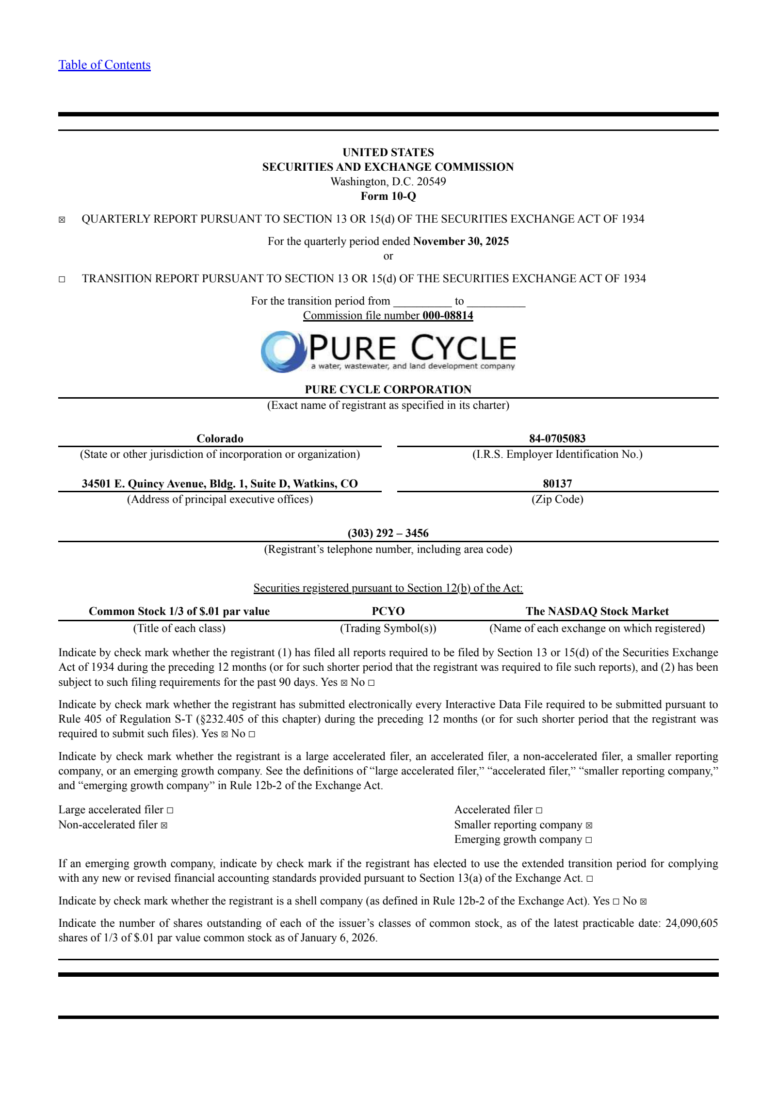 Pure Cycle's Q1 2026 Quarterly Report