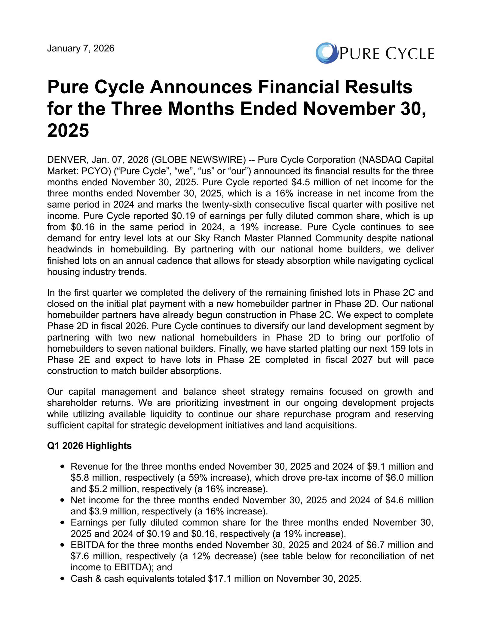 Pure Cycle's Q1 2026 Earnings Release