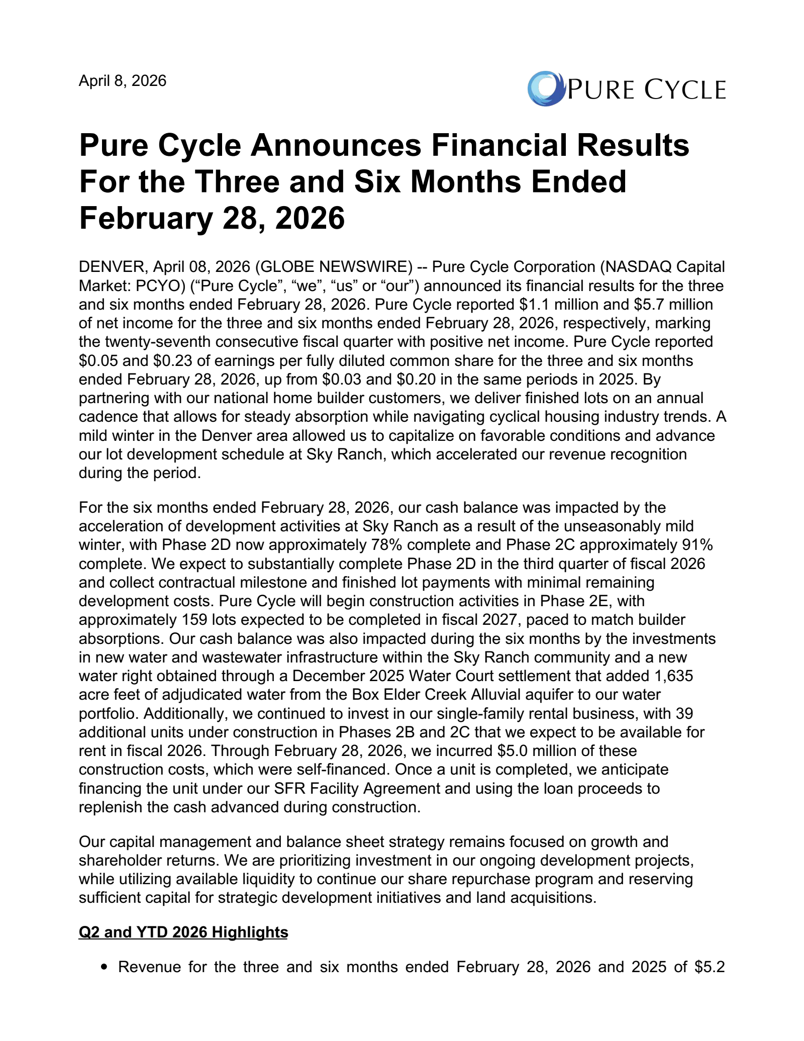 Pure Cycle's Q2 2026 Press Release