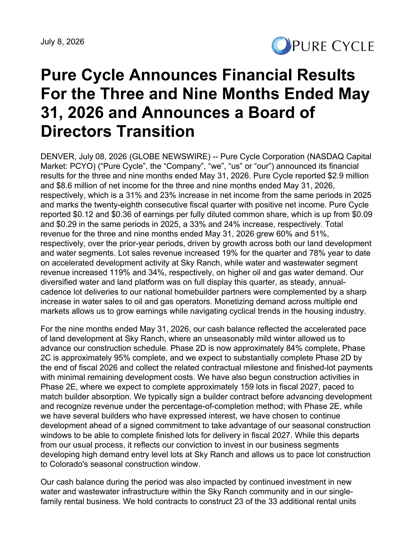 Pure Cycle's Q3 2026 Press Release