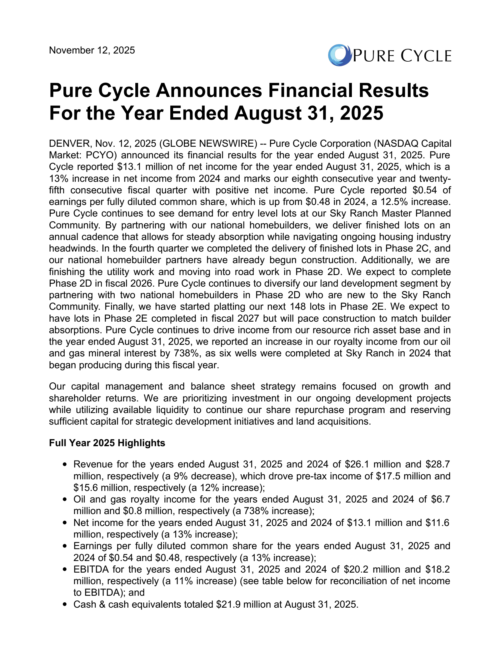 Pure Cycle's Q4 2025 Earnings Release