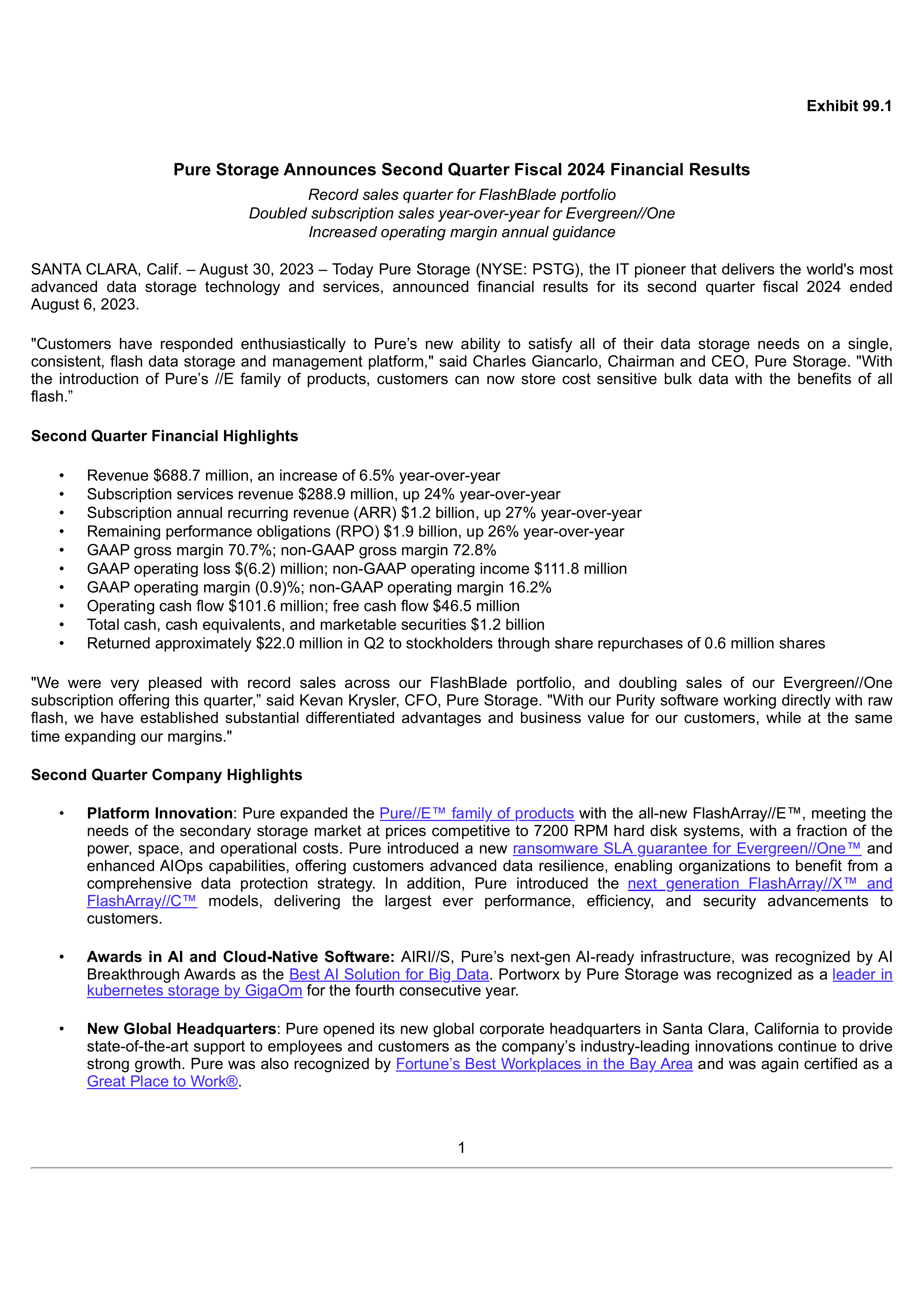 Pure Storage's Q2 2024 Press Release