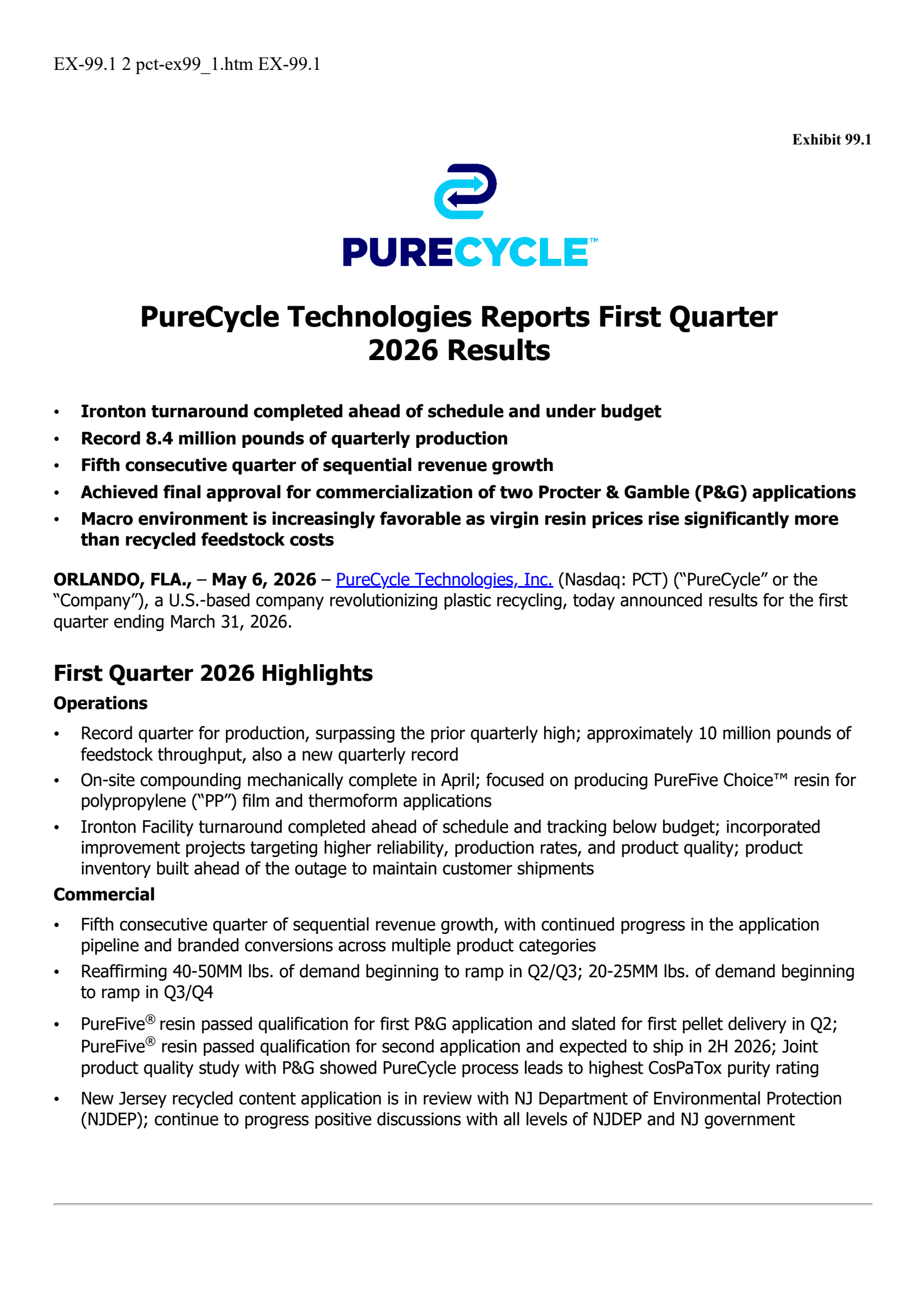 PureCycle Technologies' Q1 2026 Press Release