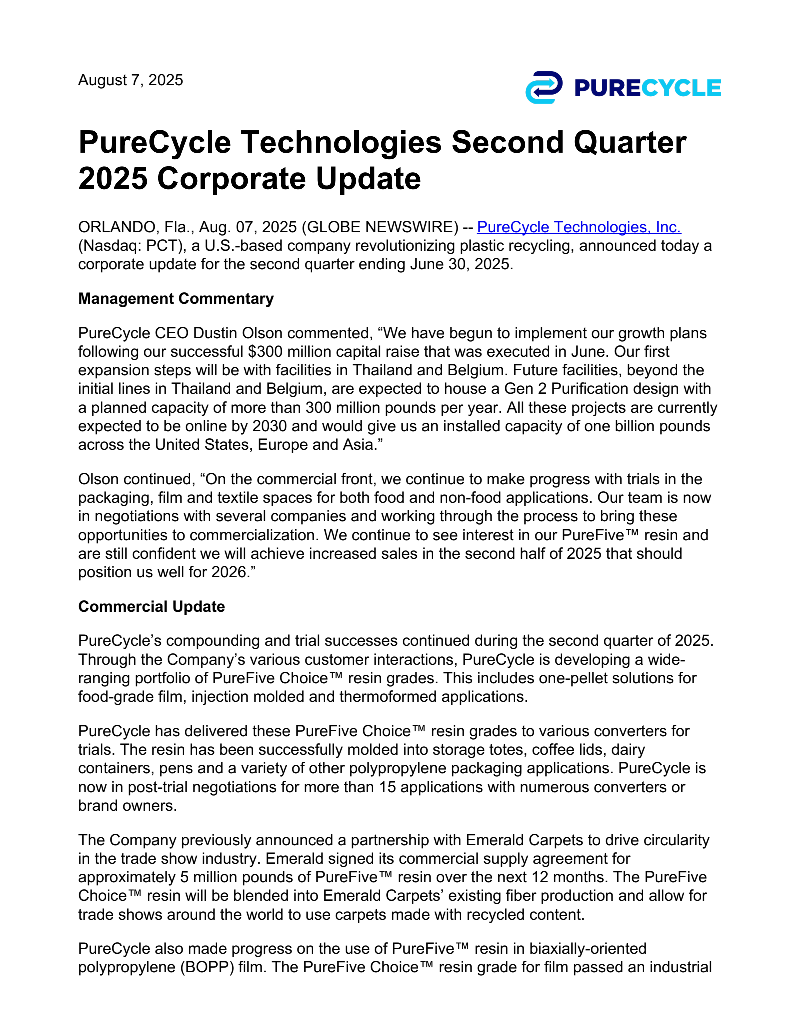 PureCycle Technologies' Q2 2025 Press Release