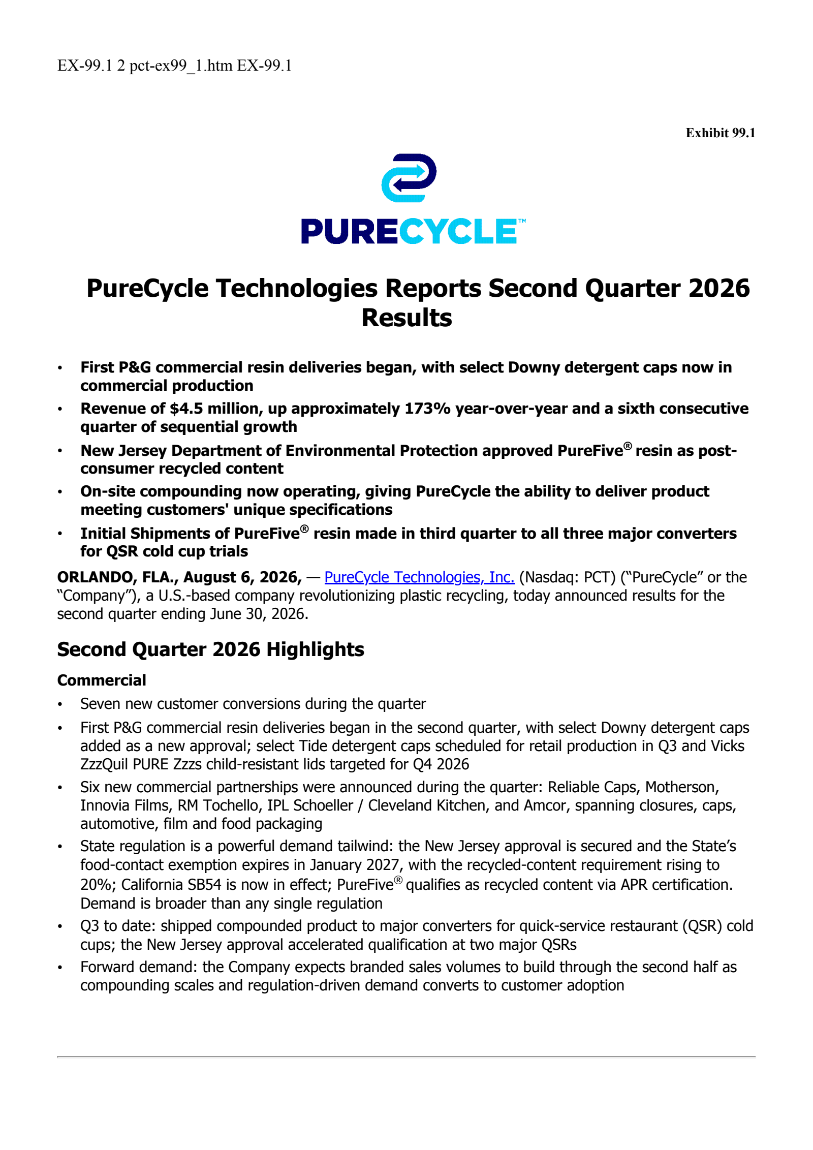 PureCycle Technologies' Q2 2026 Press Release