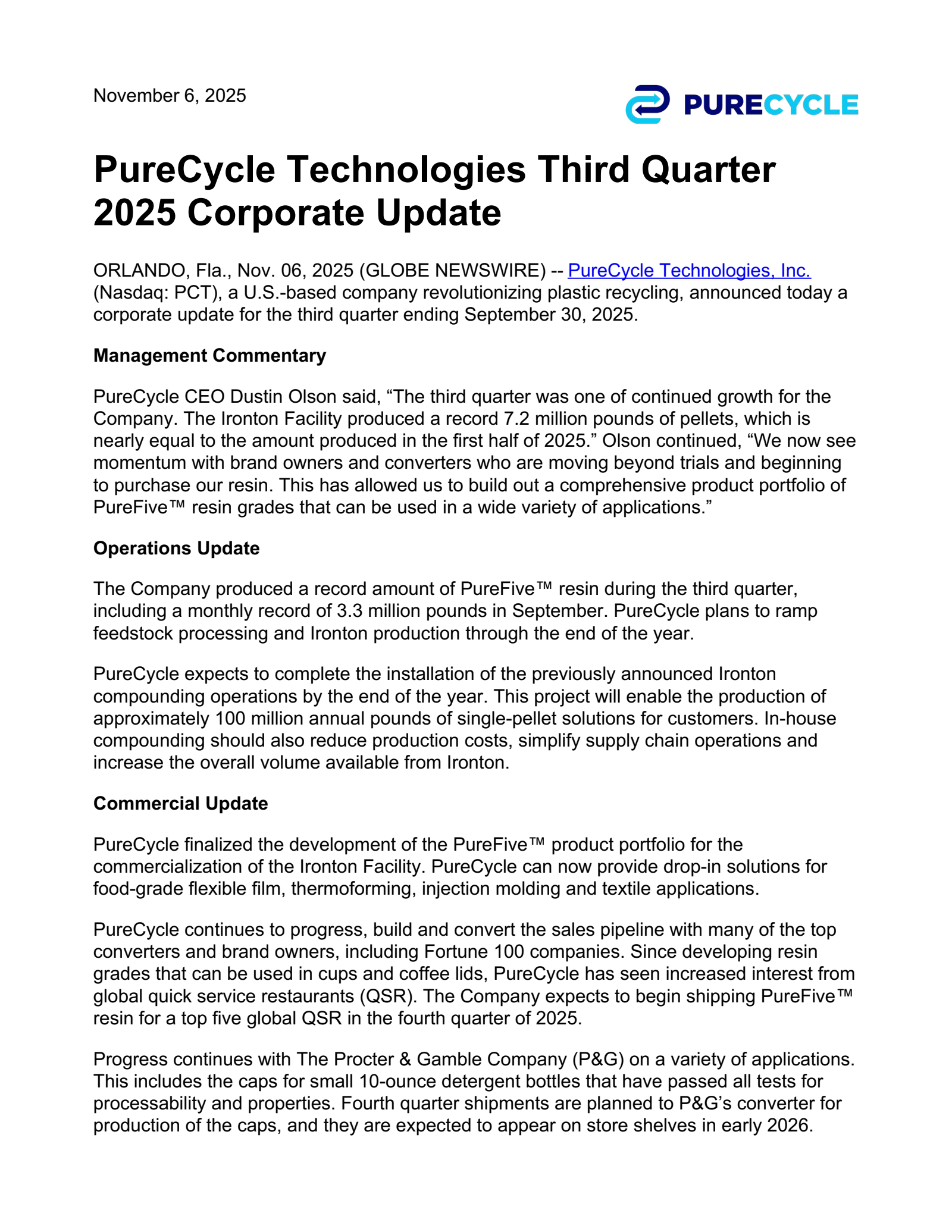 PureCycle Technologies' Q3 2025 Earnings Release