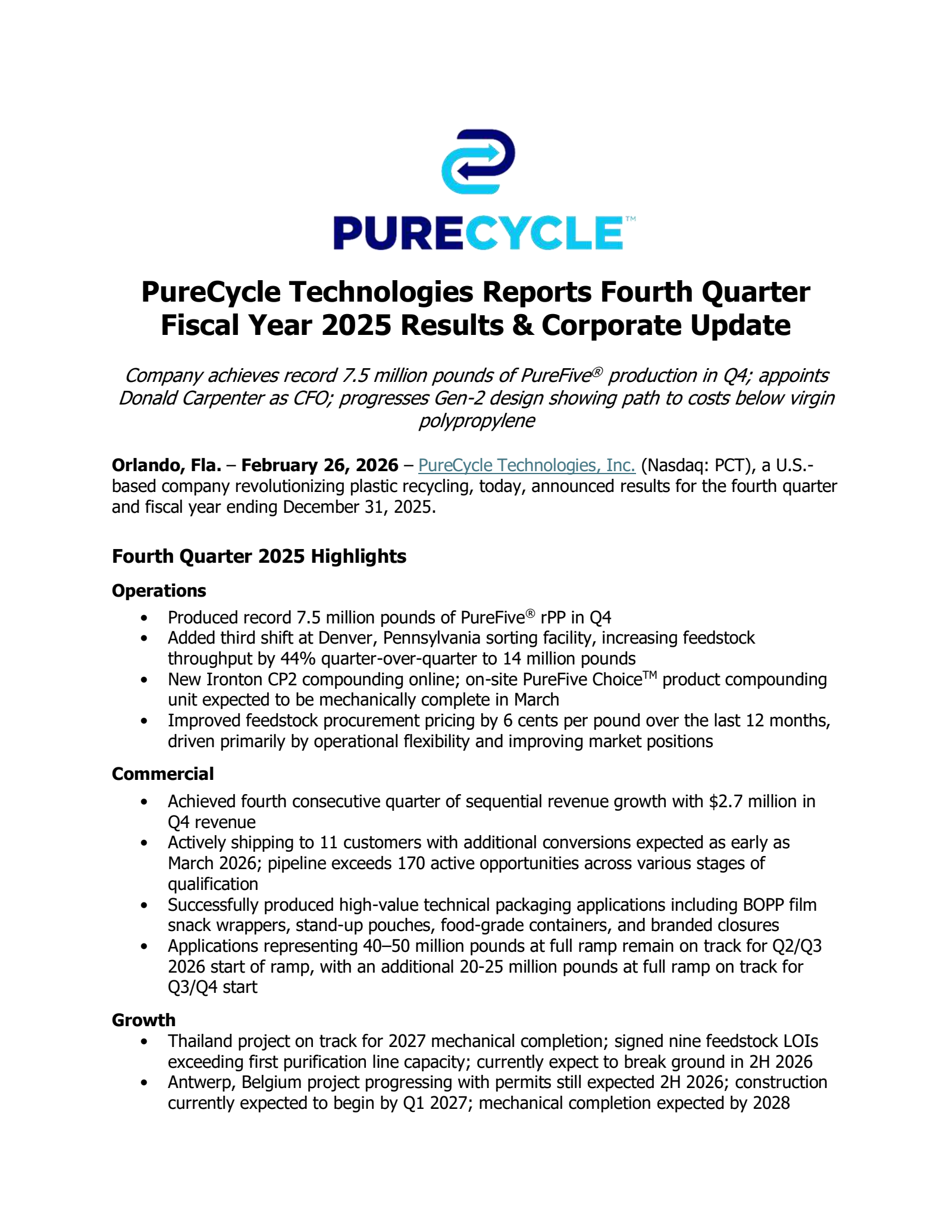 PureCycle Technologies' Q4 2025 Press Release