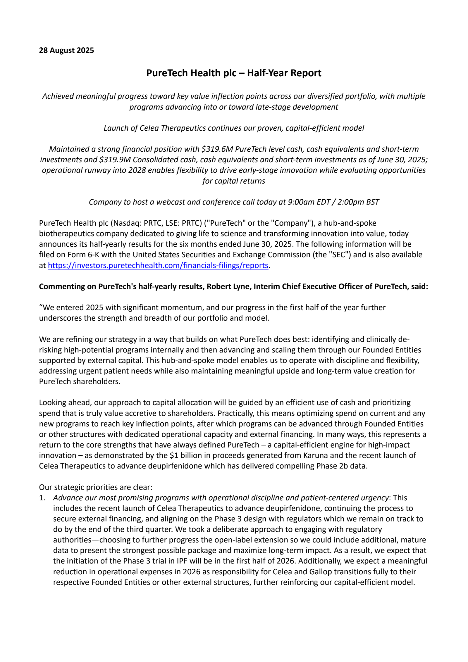 PureTech Health's H1 2025 Interim report