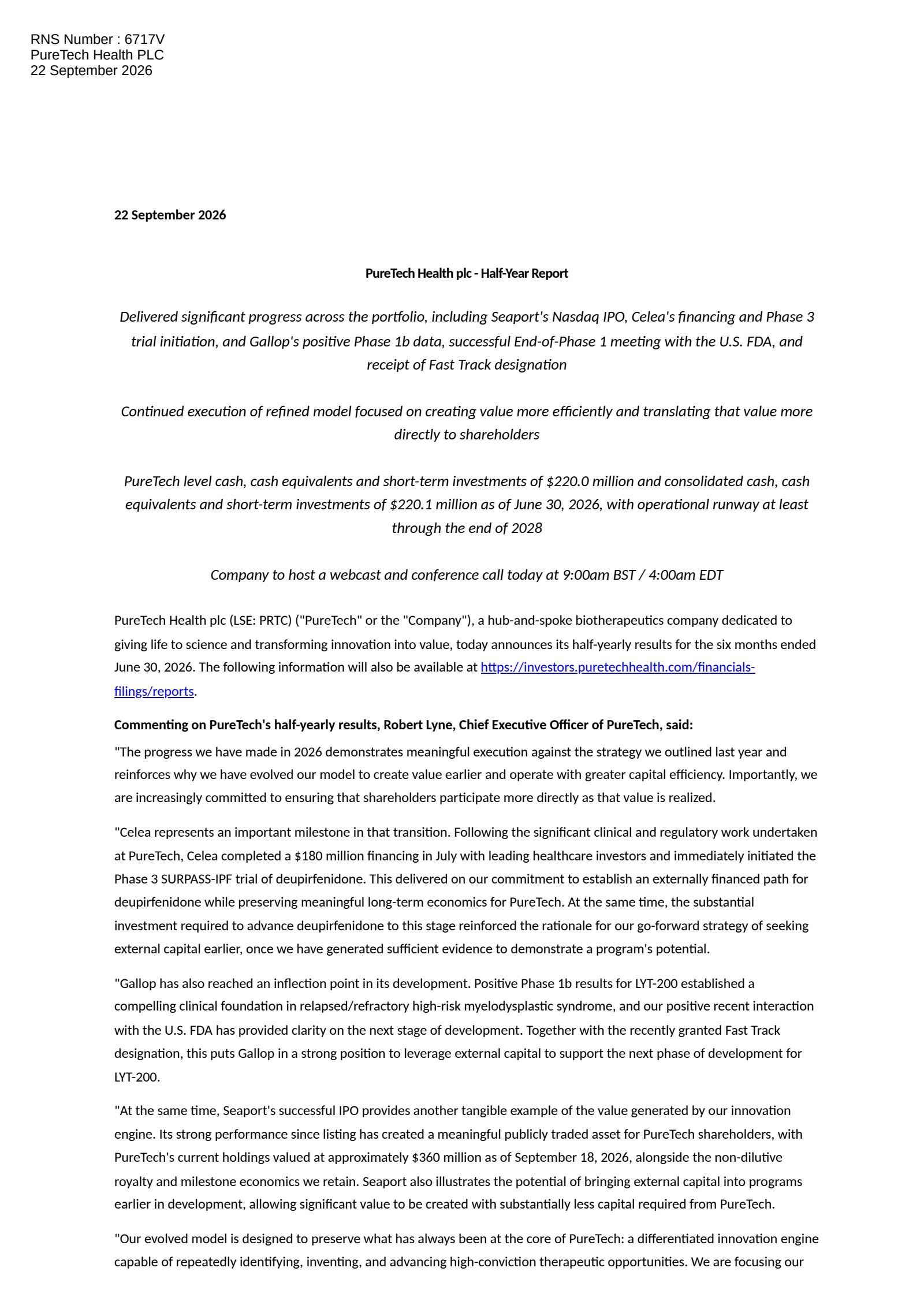 PureTech Health's H1 2026 Interim report
