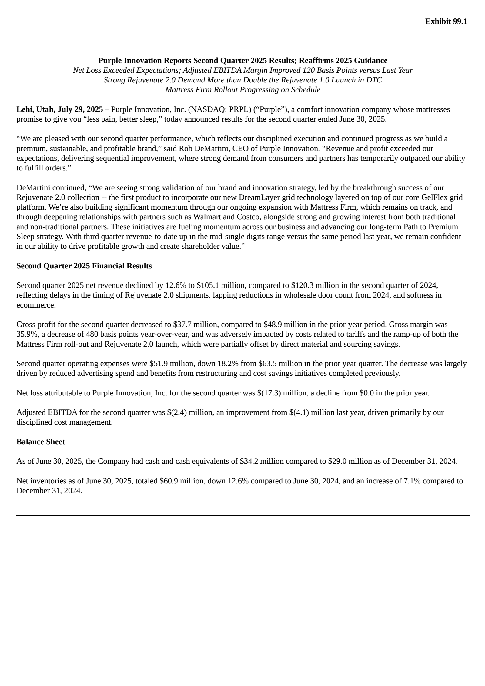 PURPLE INNOVATION's Q2 2025 Press Release