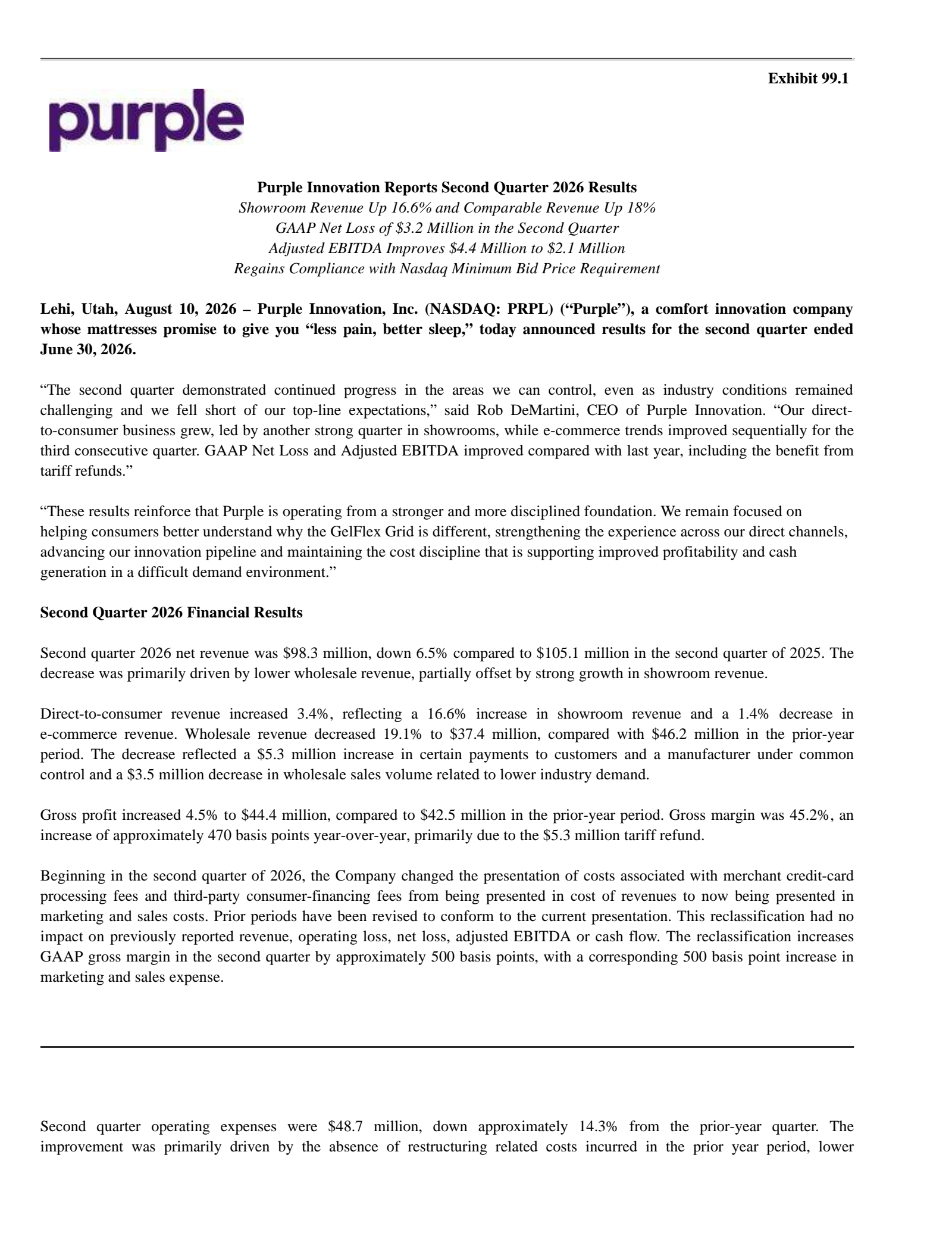 Purple Innovation's Q2 2026 Press Release