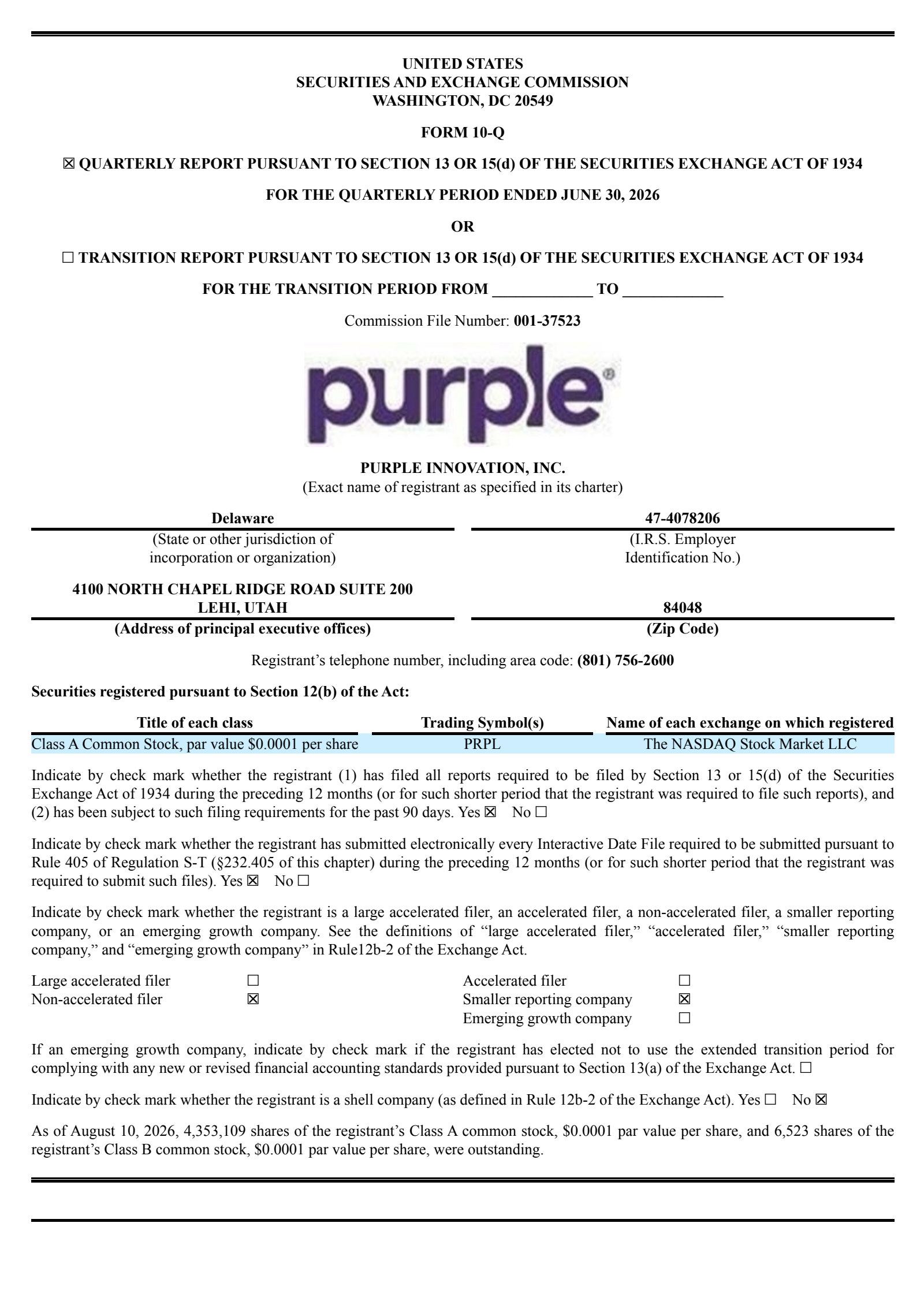 Purple Innovation's Q2 2026 Quarterly report