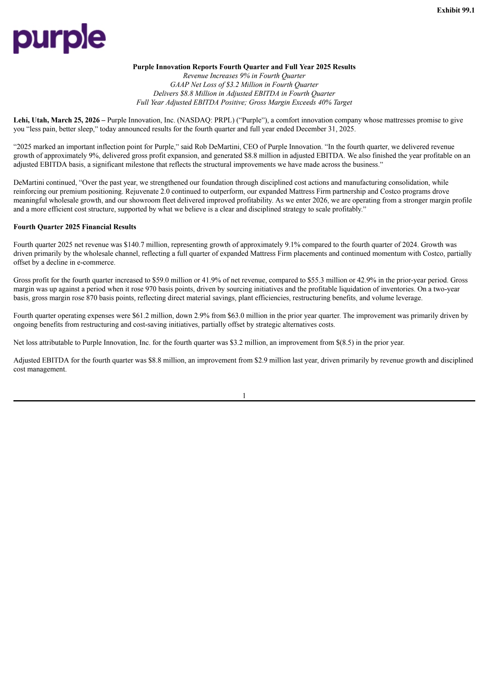 Purple Innovation's Q4 2025 Press Release