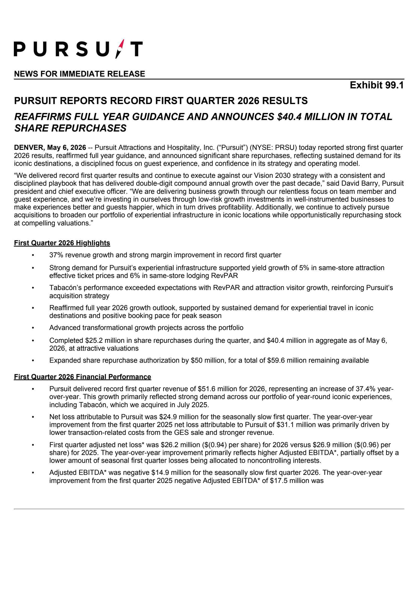 Pursuit Attractions and Hospitality's Q1 2026 Press Release