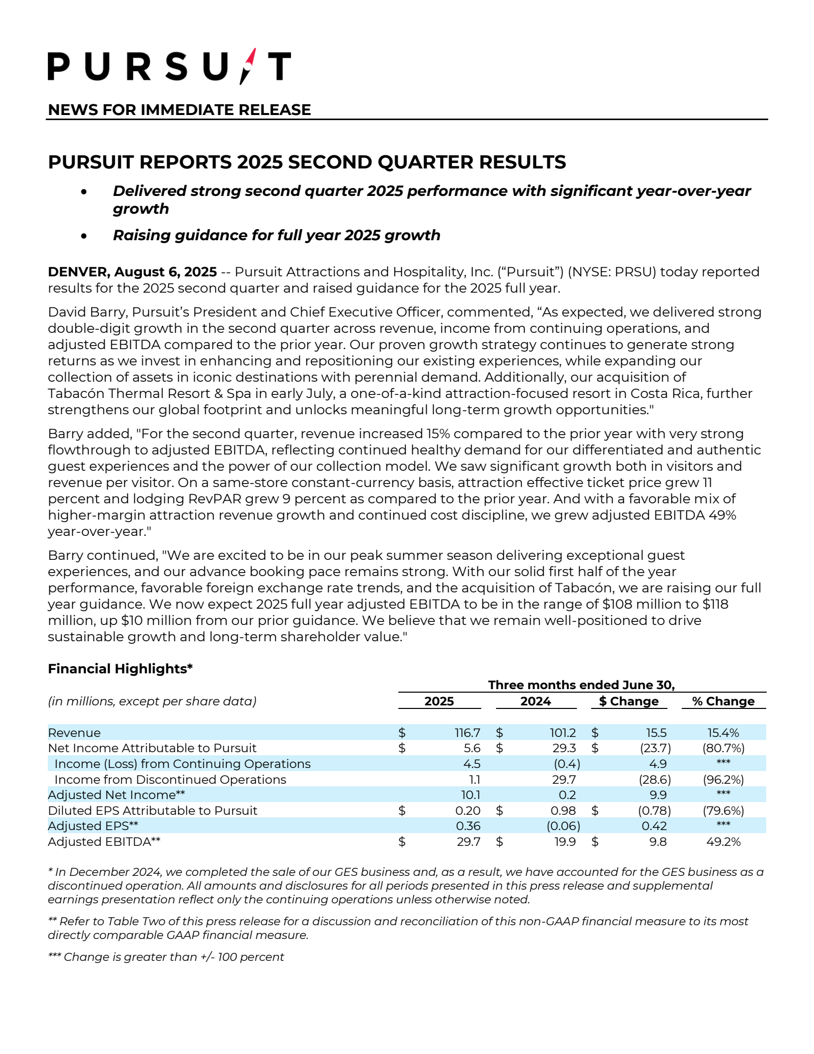 Pursuit Attractions and Hospitality's Q2 2025 Press Release