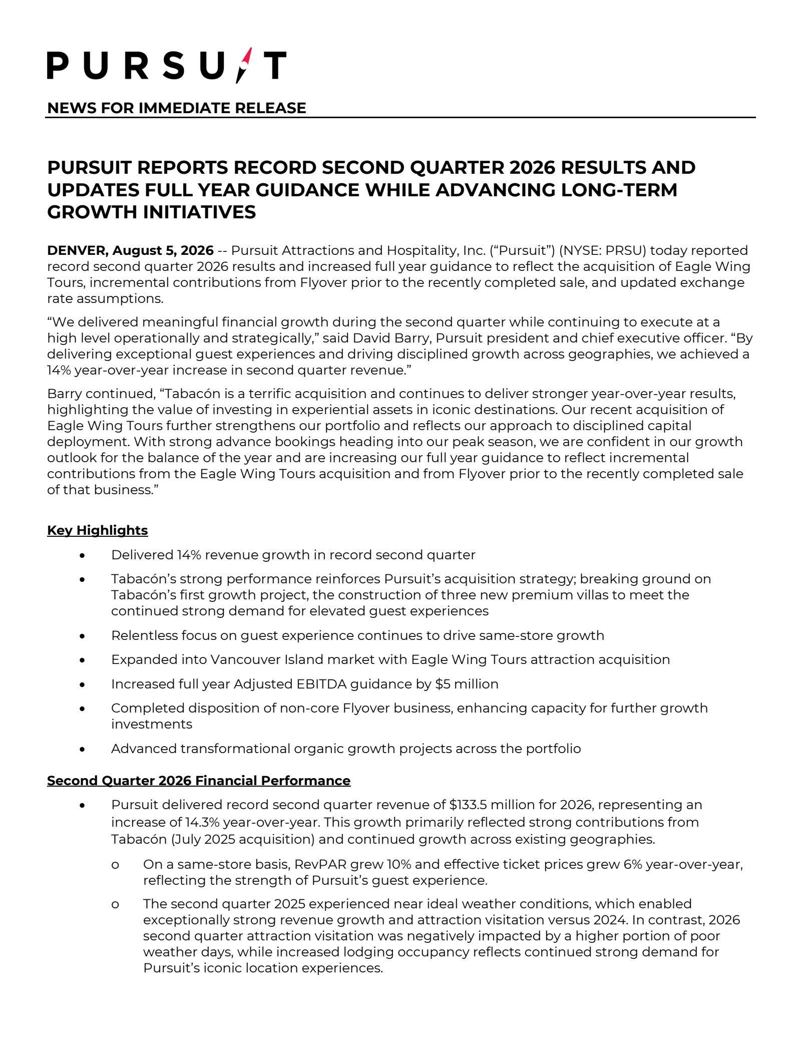 Pursuit Attractions and Hospitality's Q2 2026 Press Release