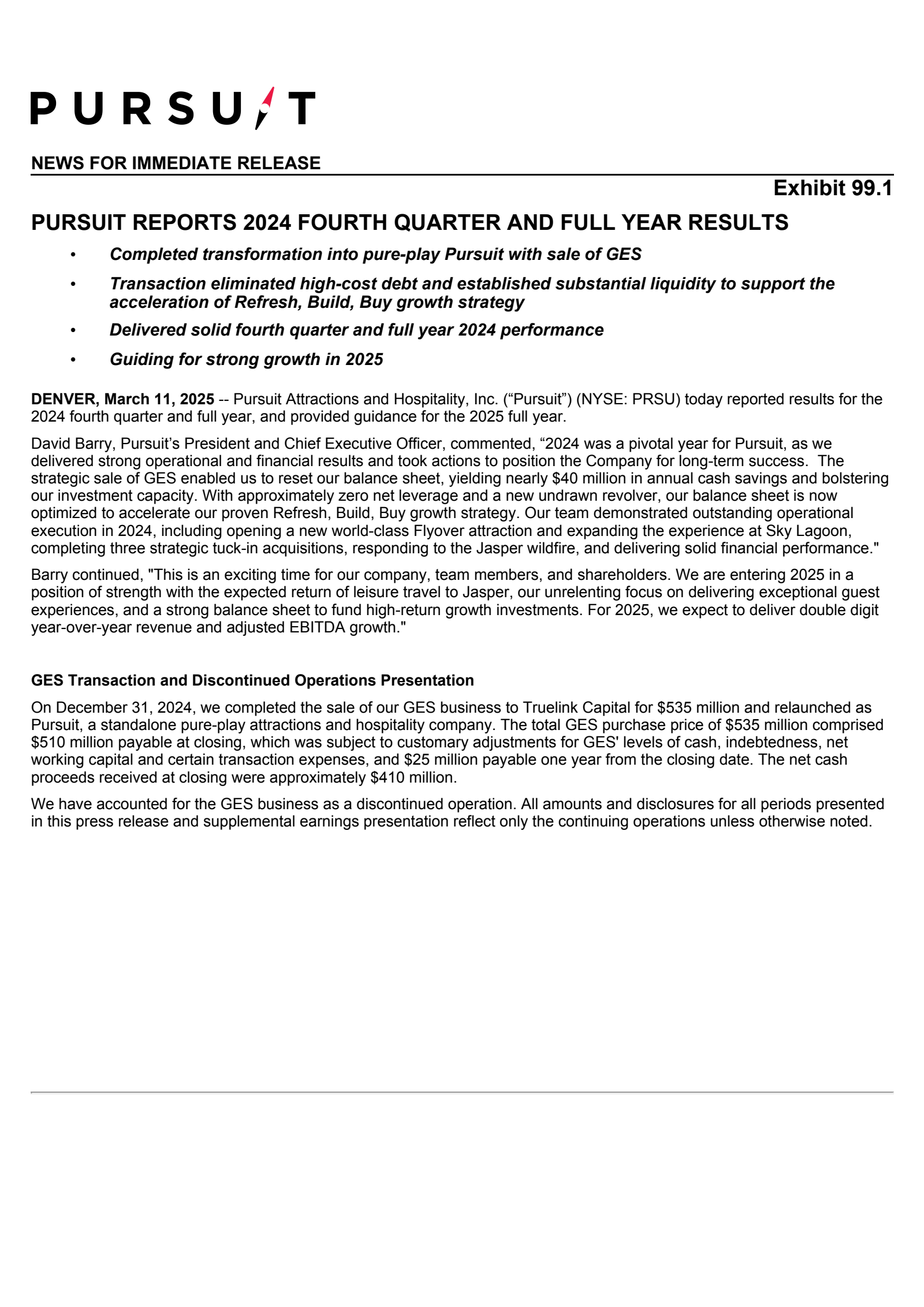 Pursuit Attractions & Hospitality's Q4 2024 Press Release