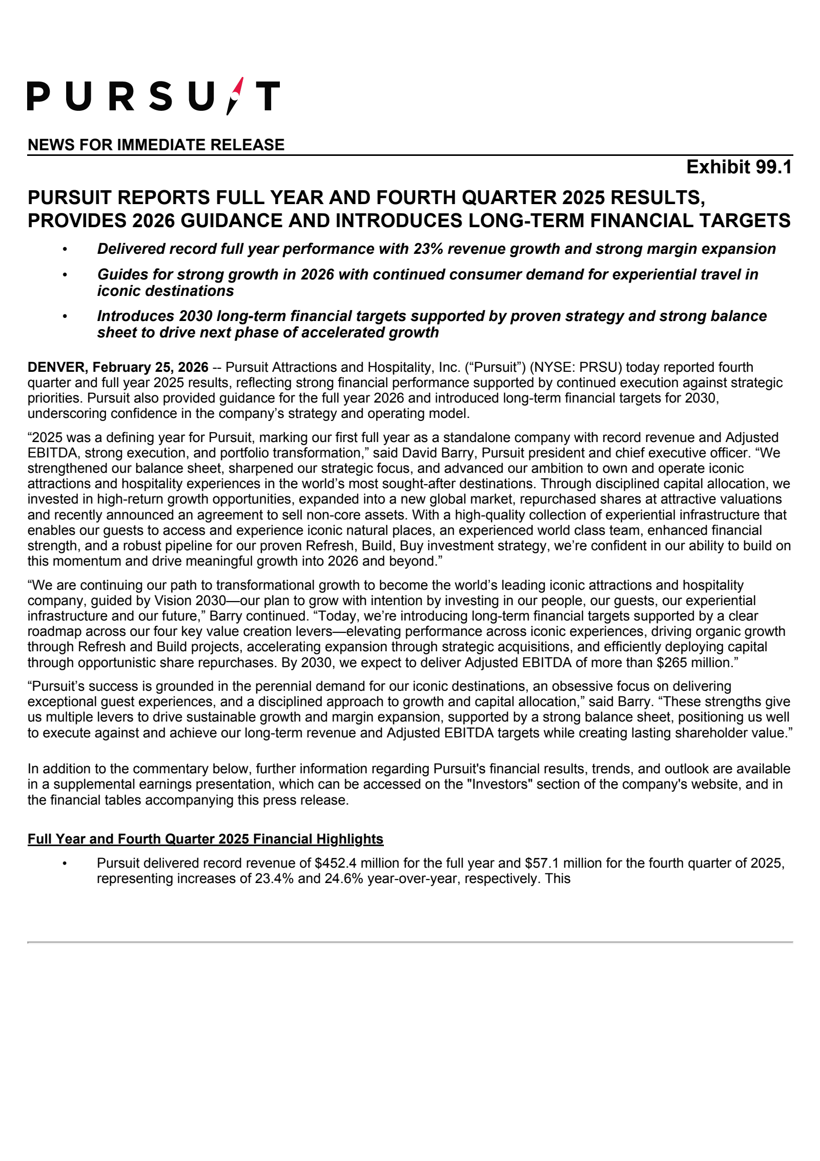 Pursuit Attractions and Hospitality's Q4 2025 Press Release