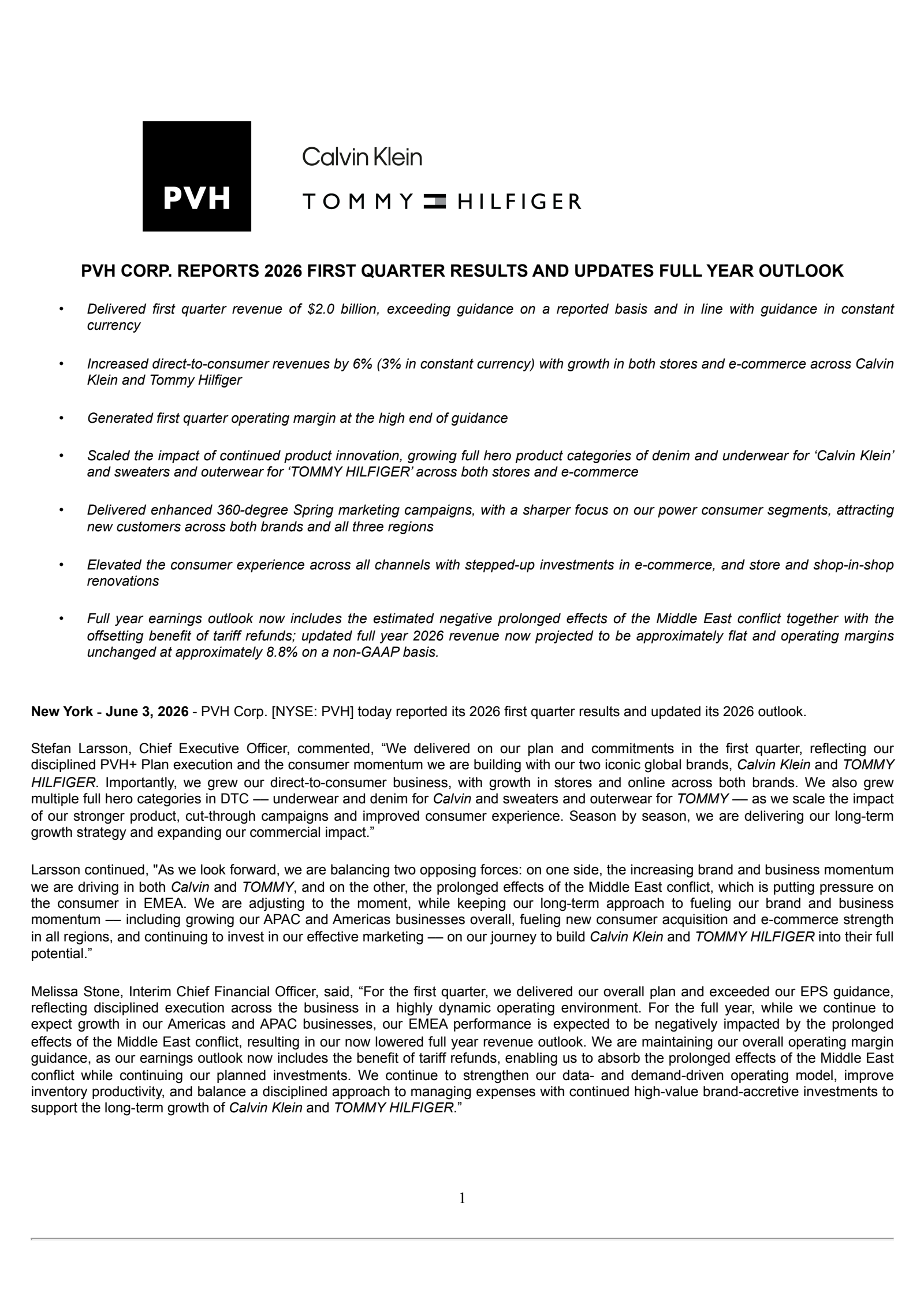 PVH's Q1 2027 Press Release