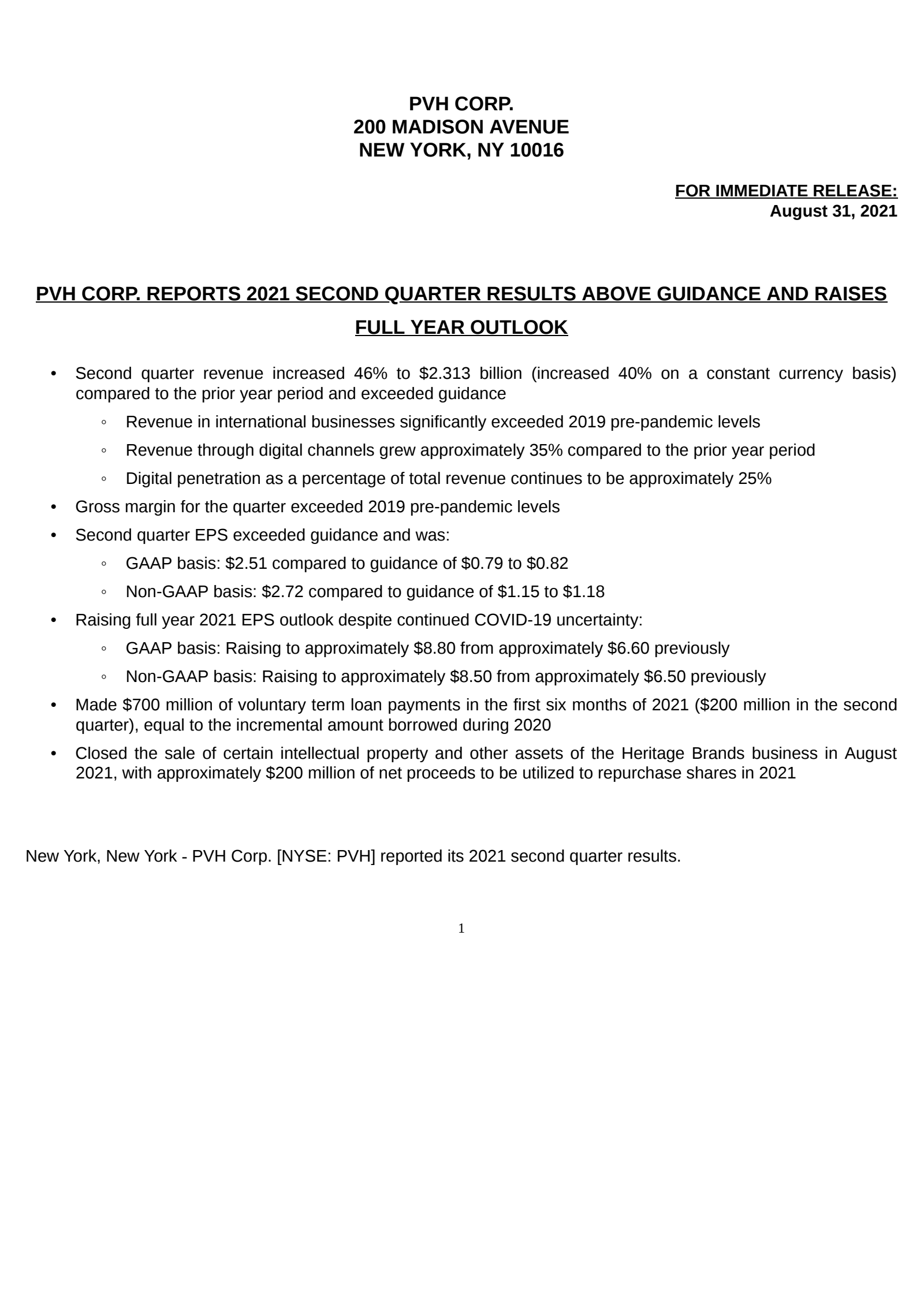 PVH's Q2 2022 Earnings Release