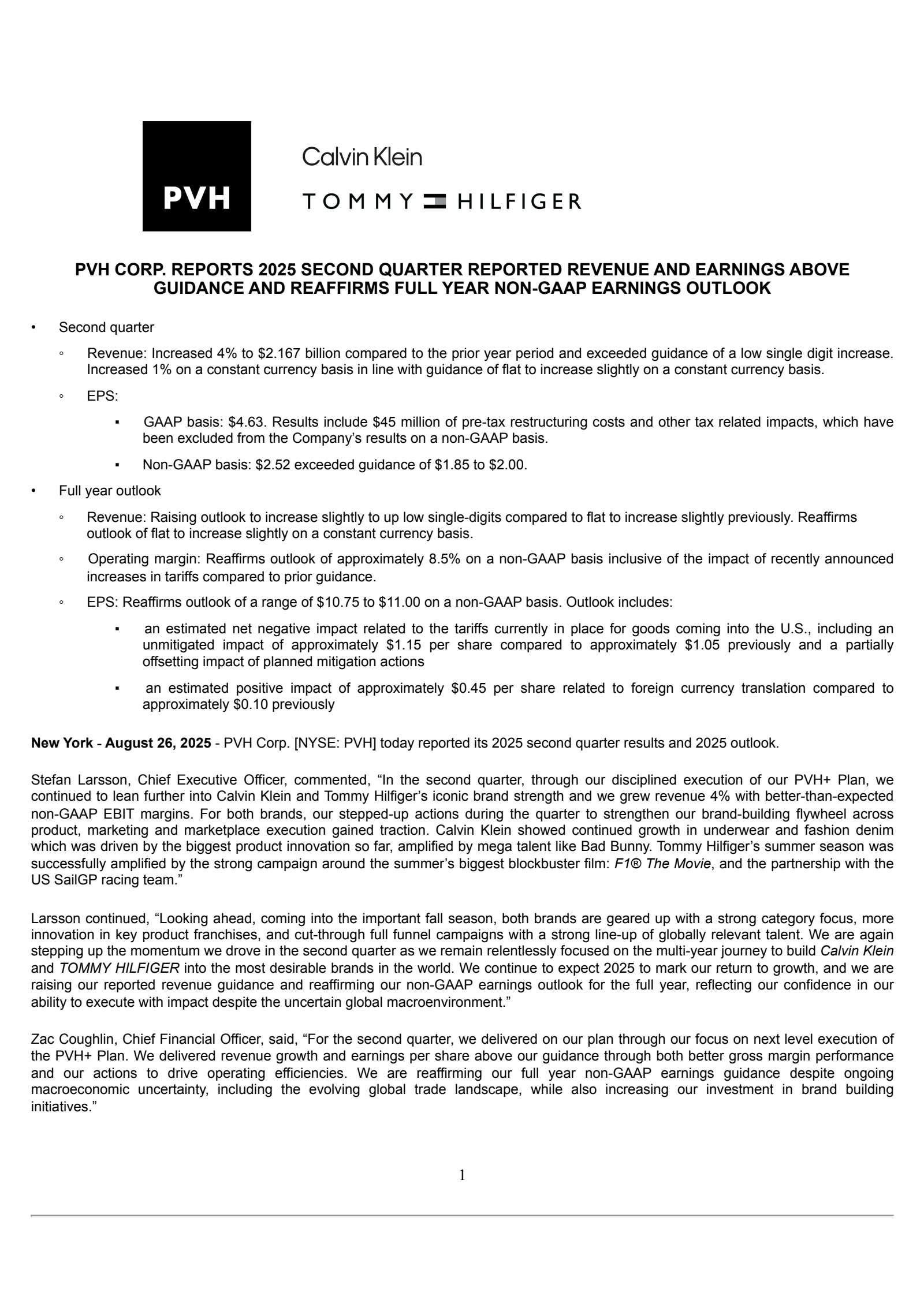 PVH's Q2 2026 Press Release