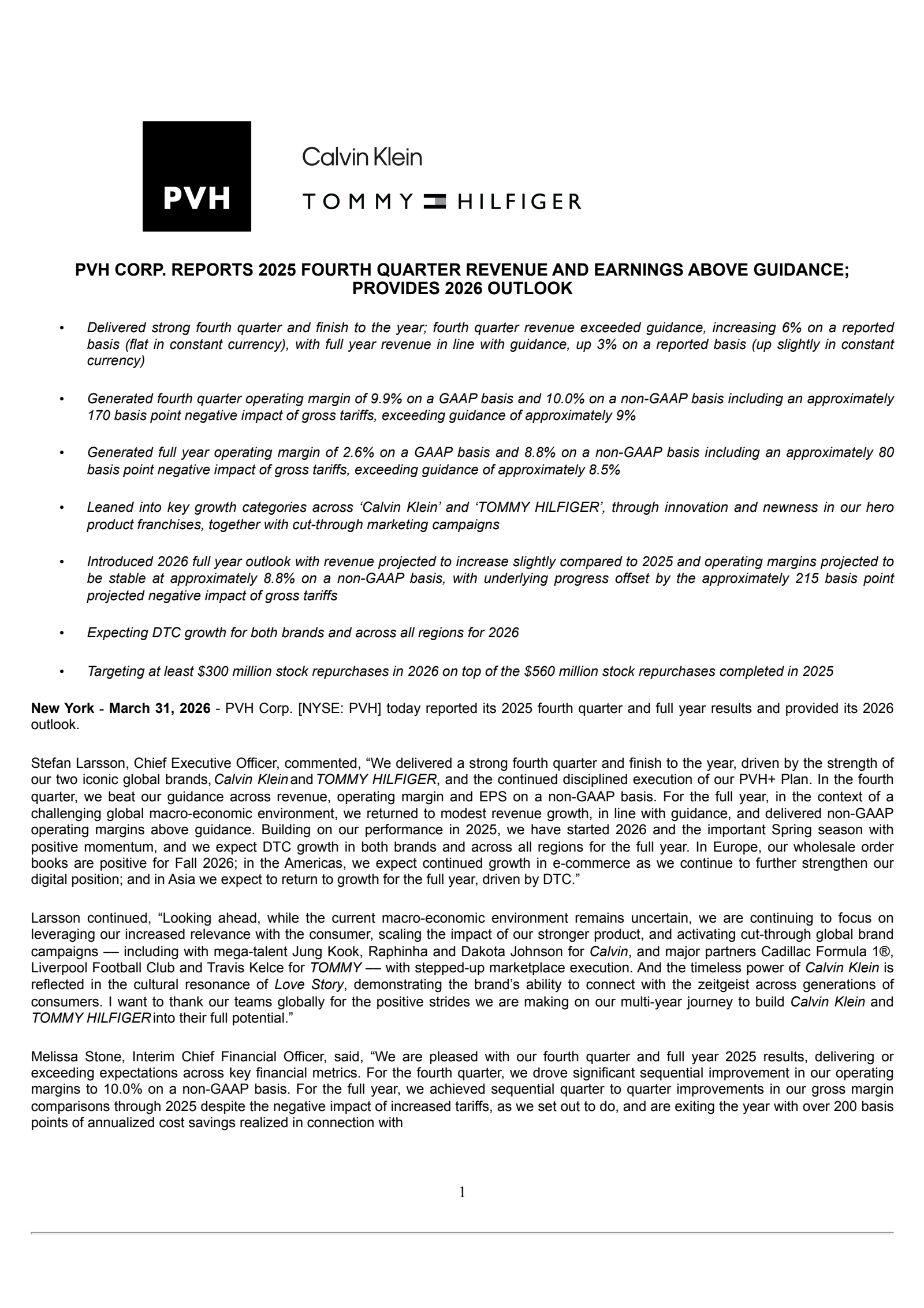 PVH's Q4 2026 Press Release