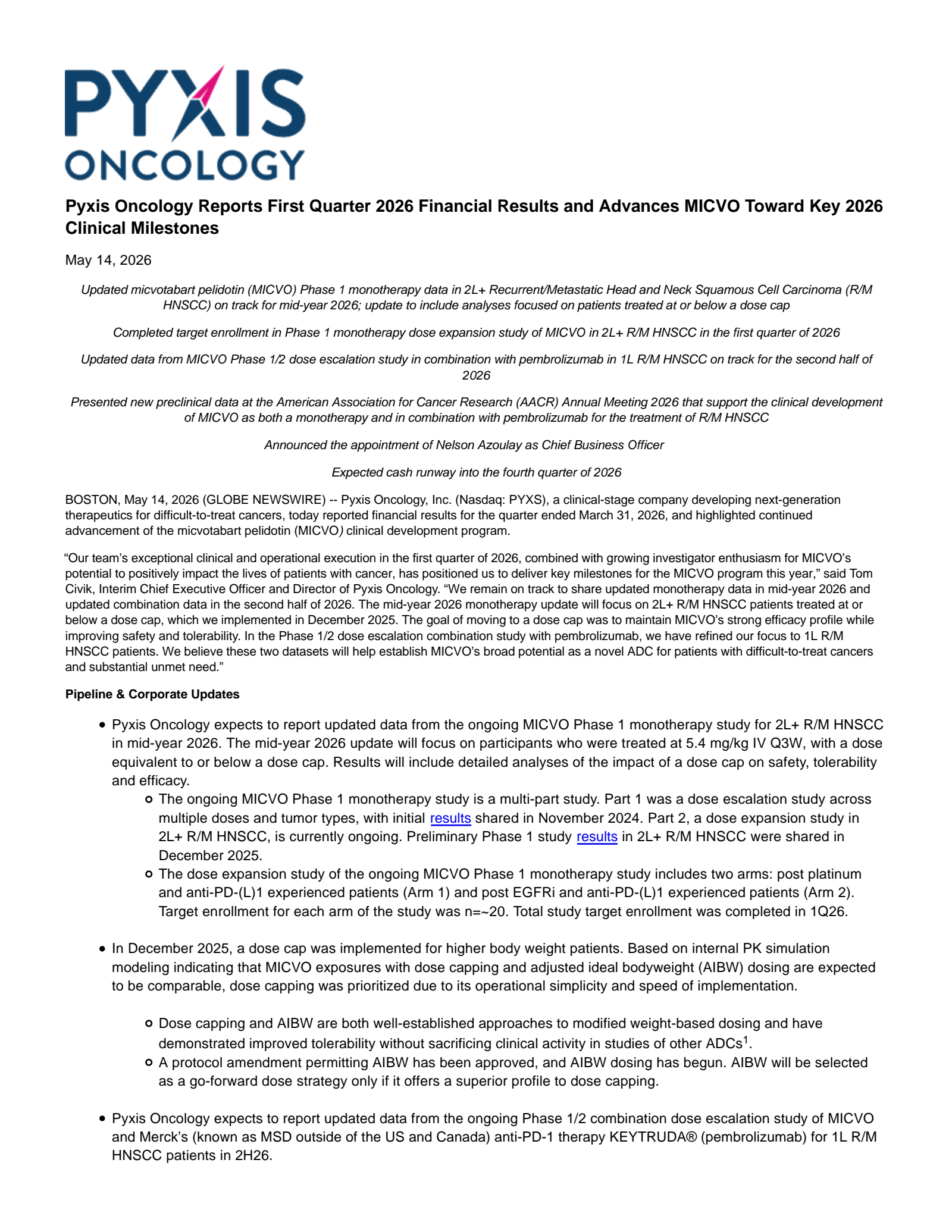 Pyxis Oncology's Q1 2026 Press Release