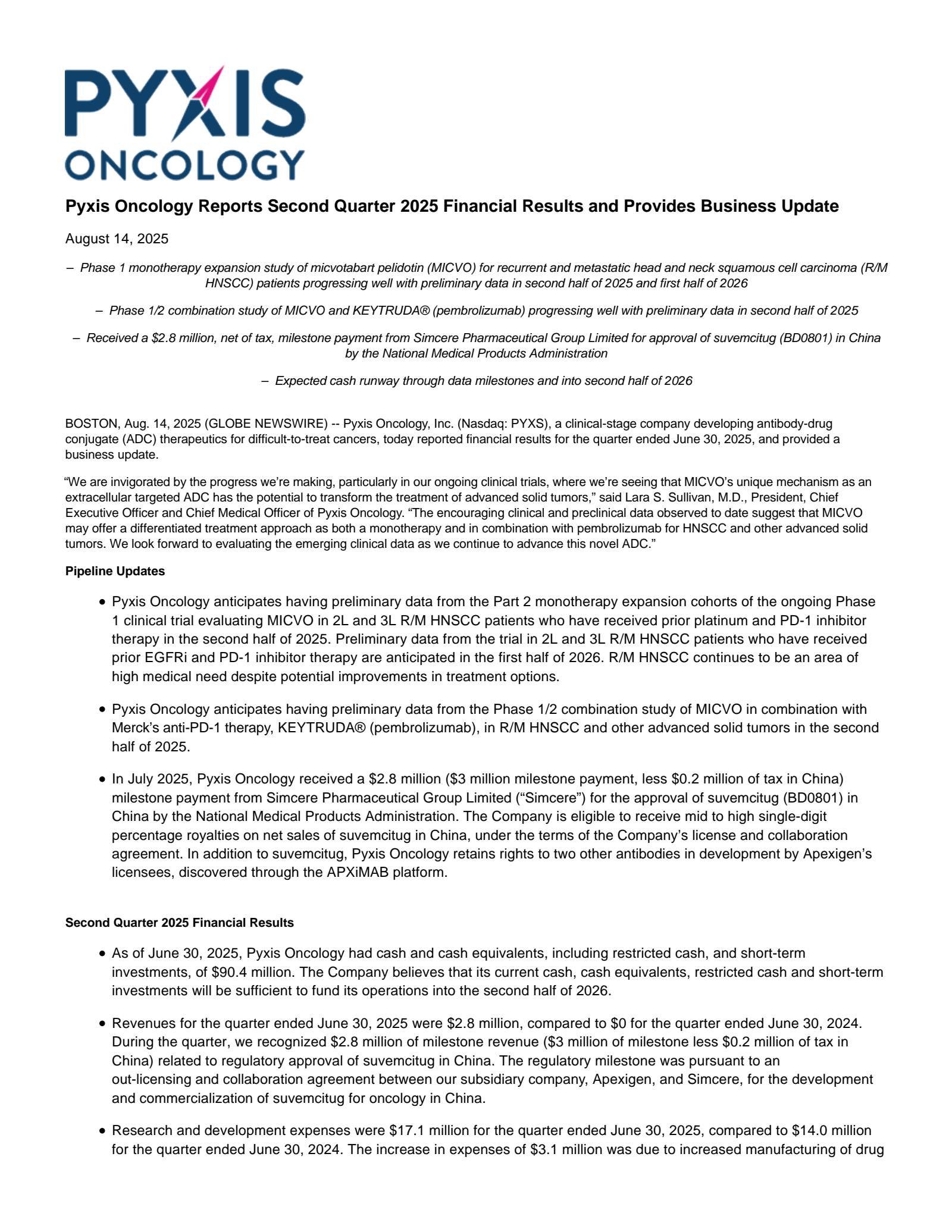 Pyxis Oncology's Q2 2025 Press Release