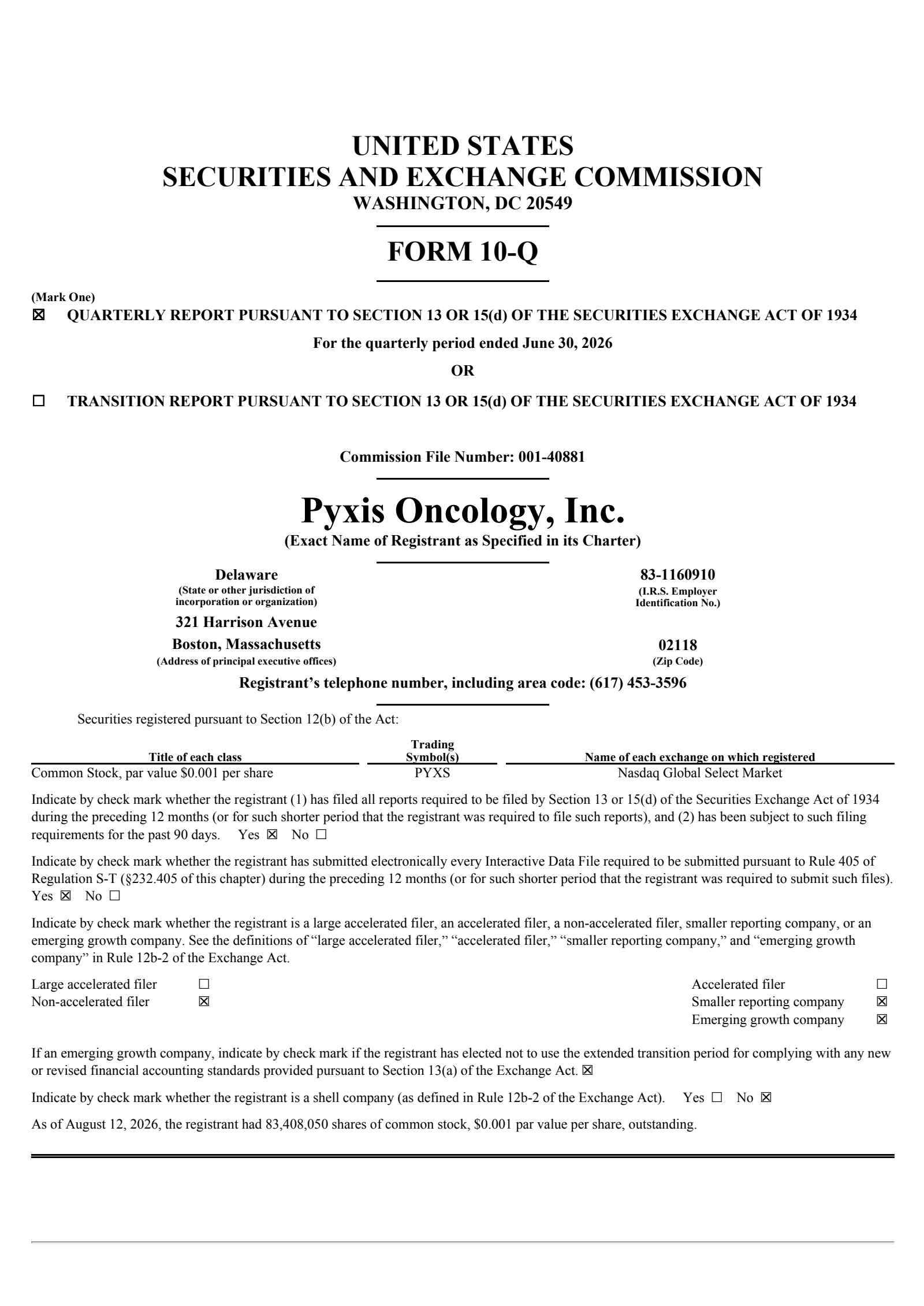 Pyxis Oncology's Q2 2026 Quarterly report