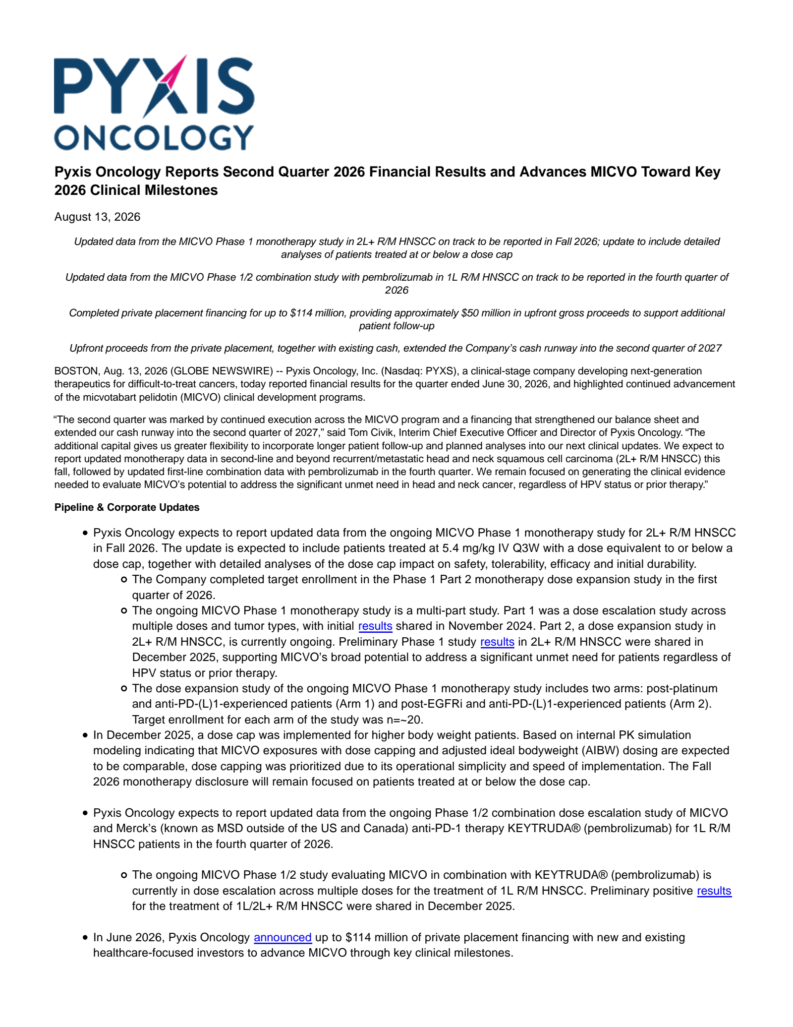Pyxis Oncology's Q2 2026 Press Release