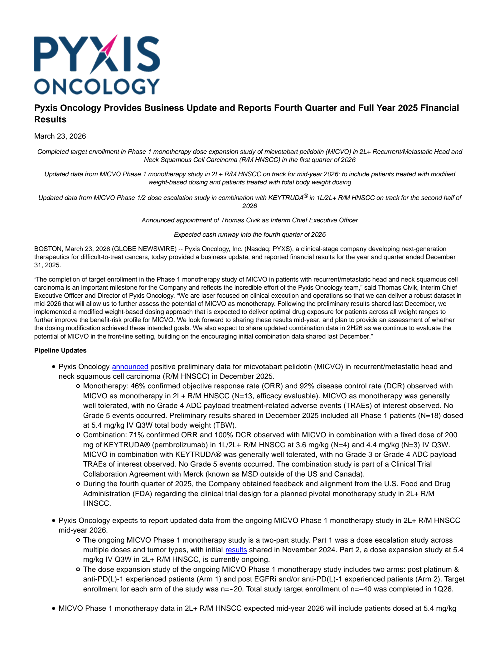 Pyxis Oncology's Q4 2025 Press Release