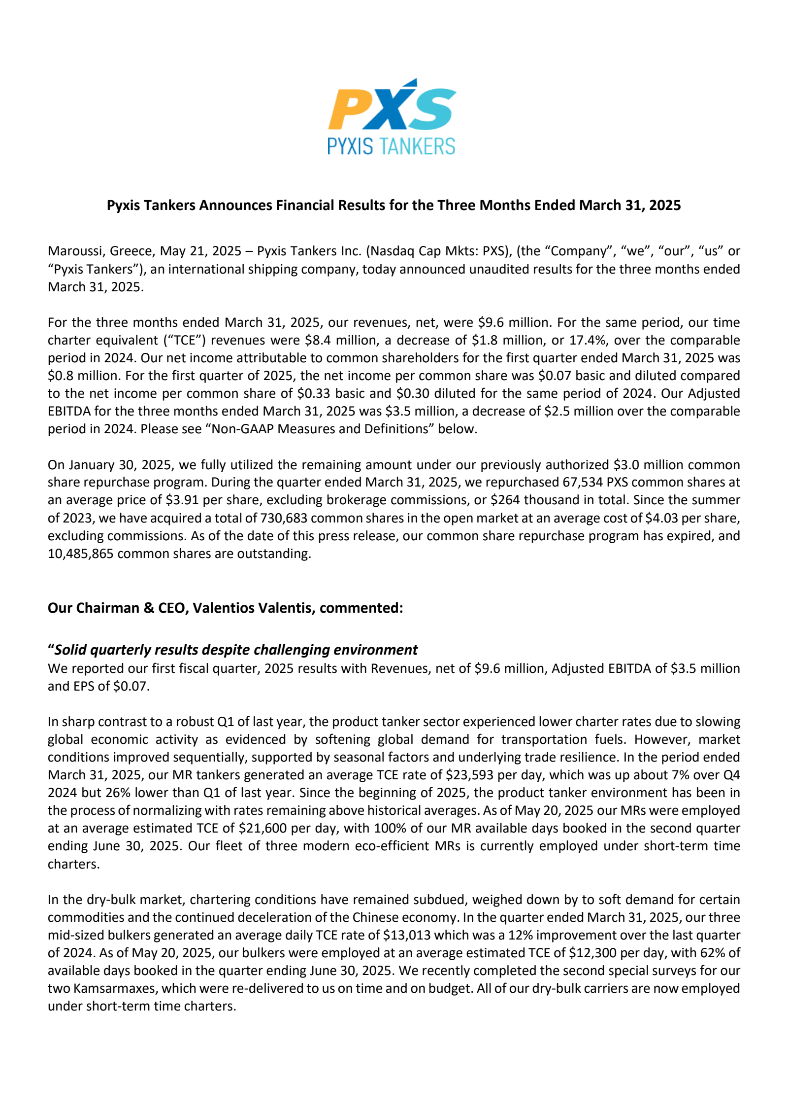 Pyxis Tankers' Q1 2025 Press Release