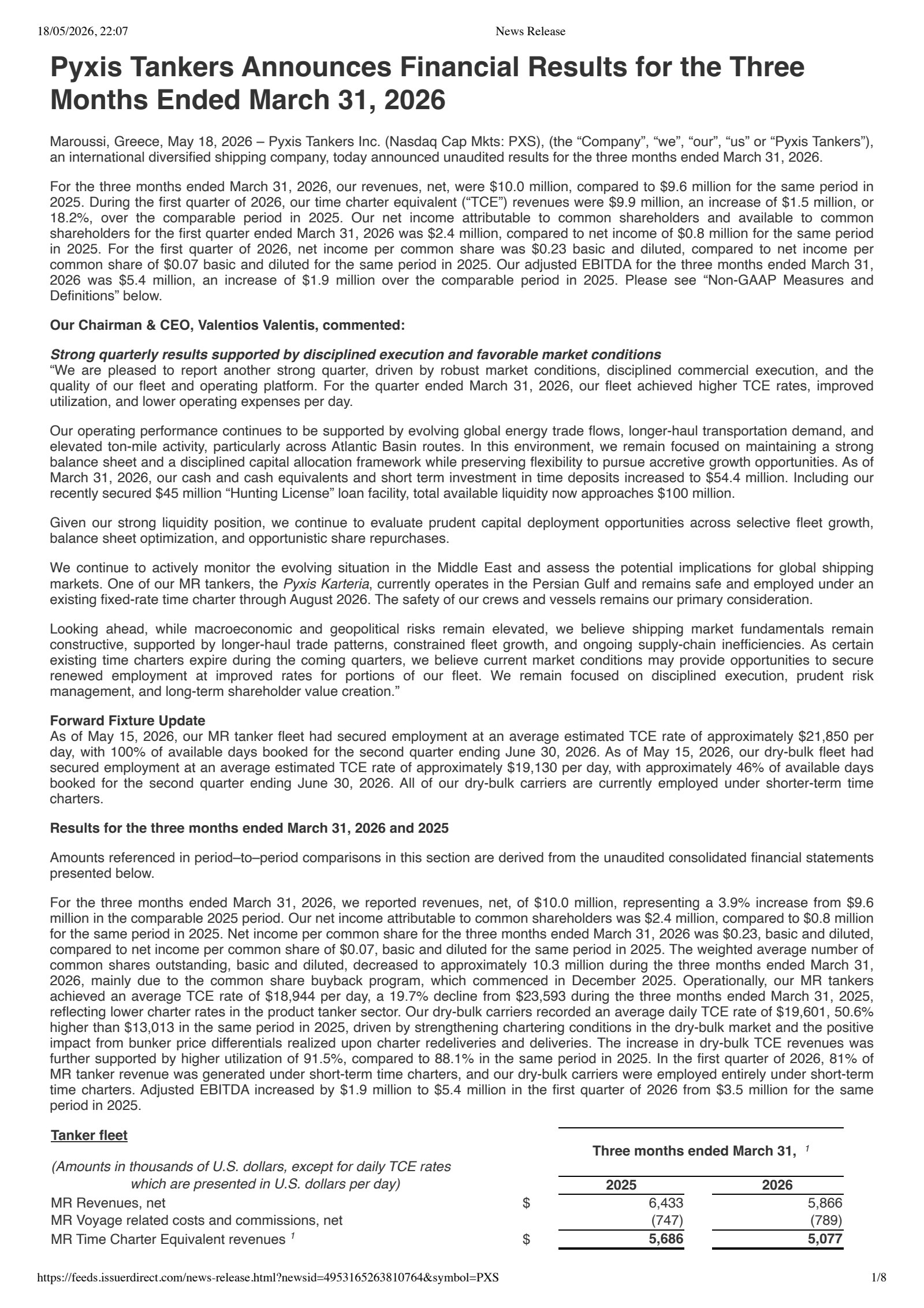 Pyxis Tankers' Q1 2026 Press Release
