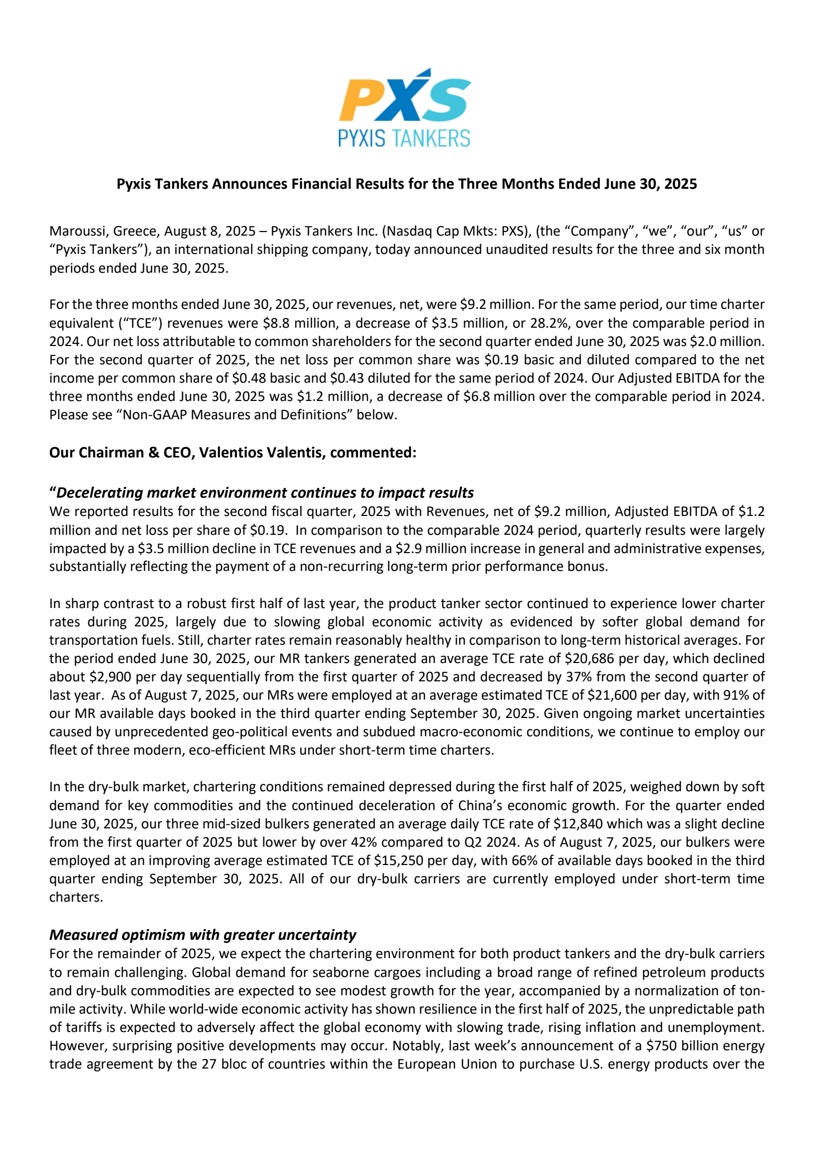 Pyxis Tankers' Q2 2025 Press Release