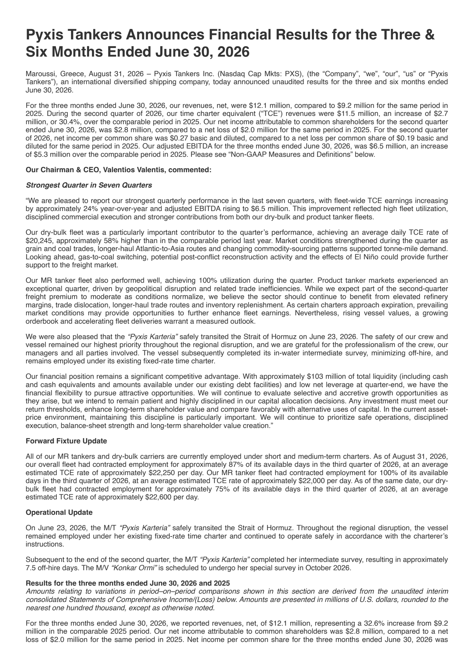 Pyxis Tankers' Q2 2026 Press Release