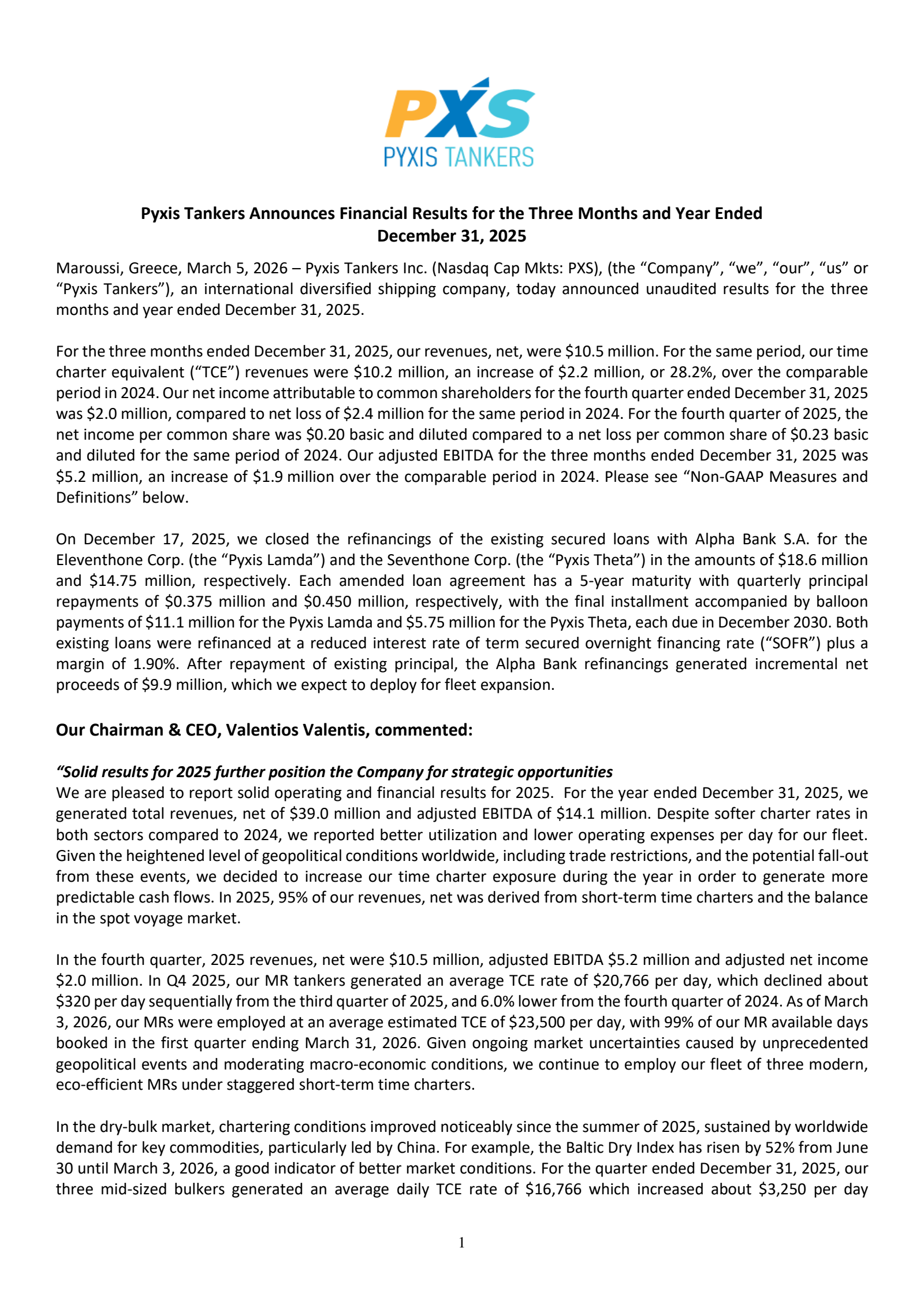Pyxis Tankers' Q4 2025 Press Release