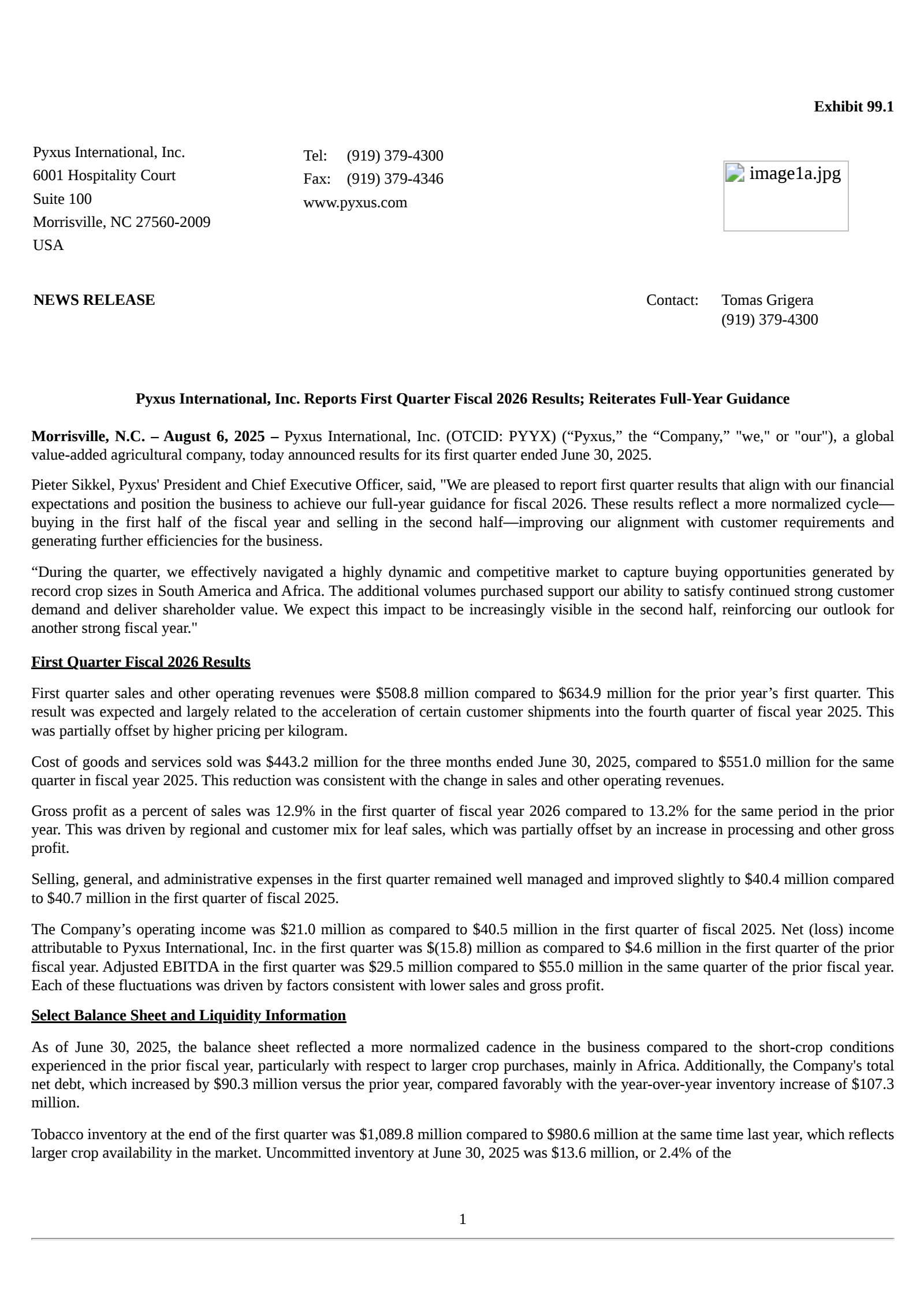 PYXUS INTERNATIONAL's Q1 2026 Press Release